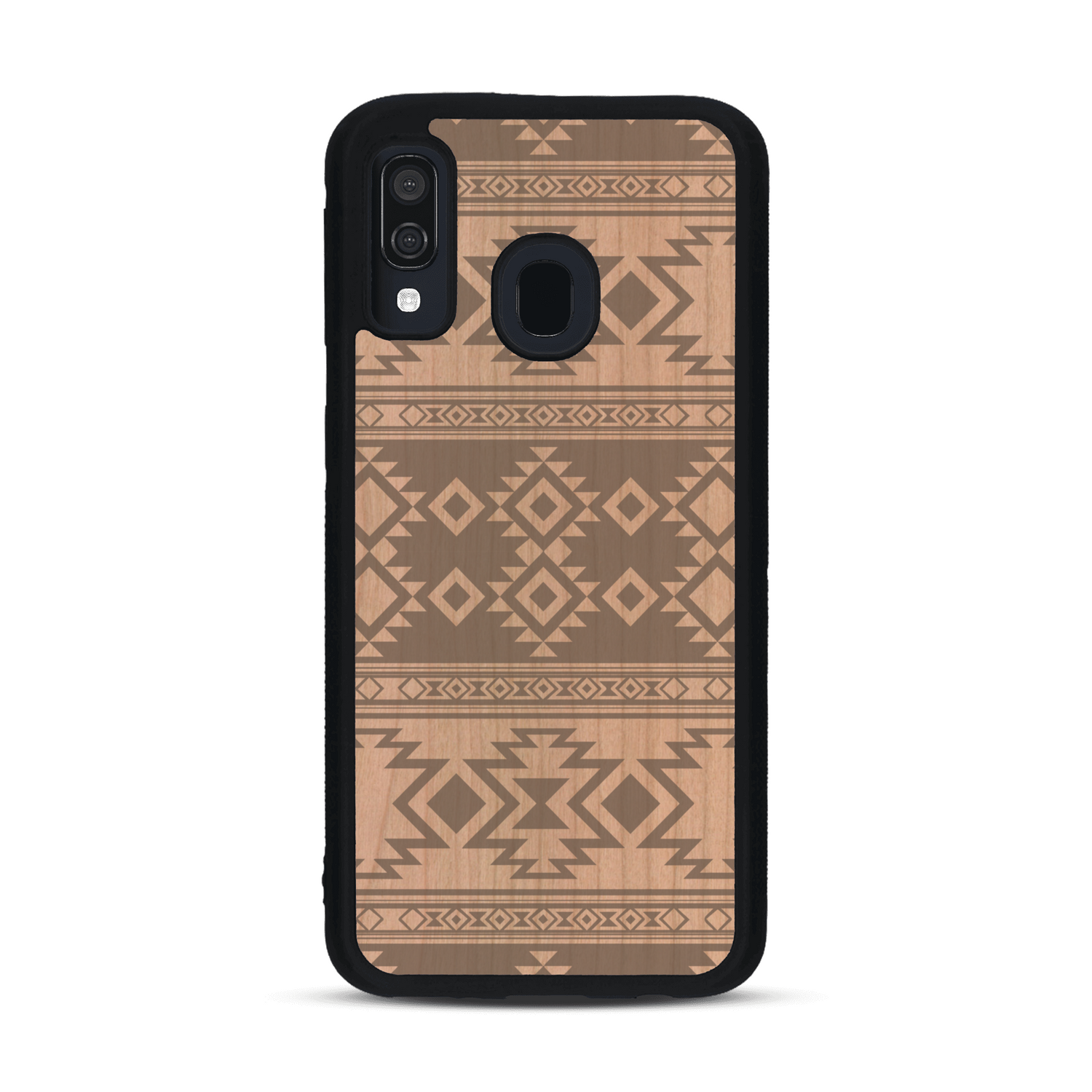 Coque de protection en bois véritable fabriquée en France pour  avec des motifs géométriques s'inspirant des temples aztèques, mayas et incas