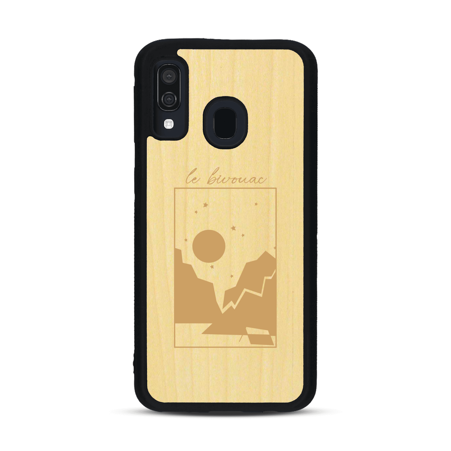 Coque de protection en bois véritable fabriquée en France pour  sur le thème du camping en pleine nature et du bivouac avec la phrase "Aventure is out there"