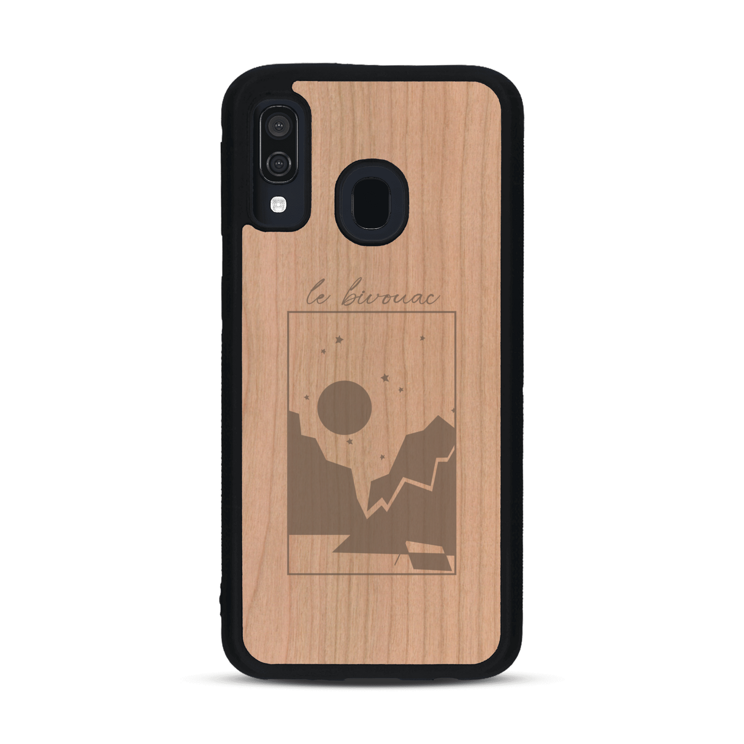 Coque de protection en bois véritable fabriquée en France pour  sur le thème du camping en pleine nature et du bivouac avec la phrase "Aventure is out there"