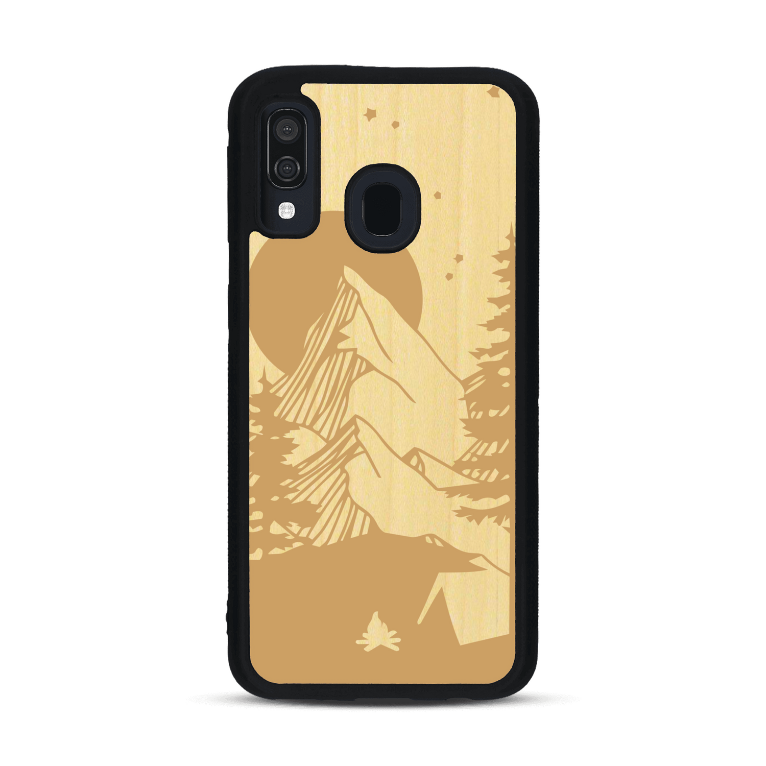 Coque de protection en bois véritable fabriquée en France pour  sur le thème du camping en pleine nature représentant une tente avec un feu de camp entouré de montagnes