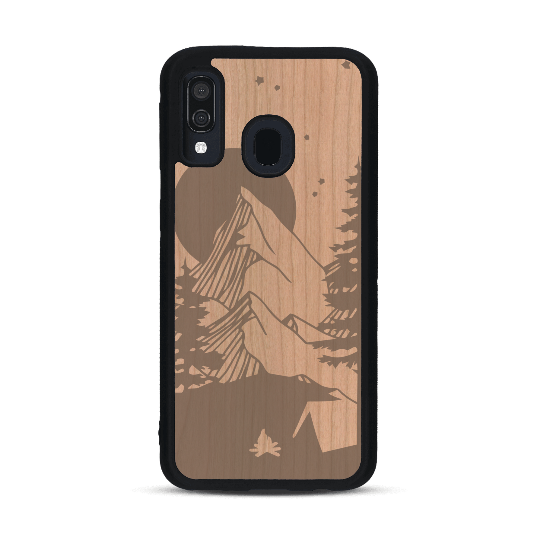 Coque de protection en bois véritable fabriquée en France pour  sur le thème du camping en pleine nature représentant une tente avec un feu de camp entouré de montagnes