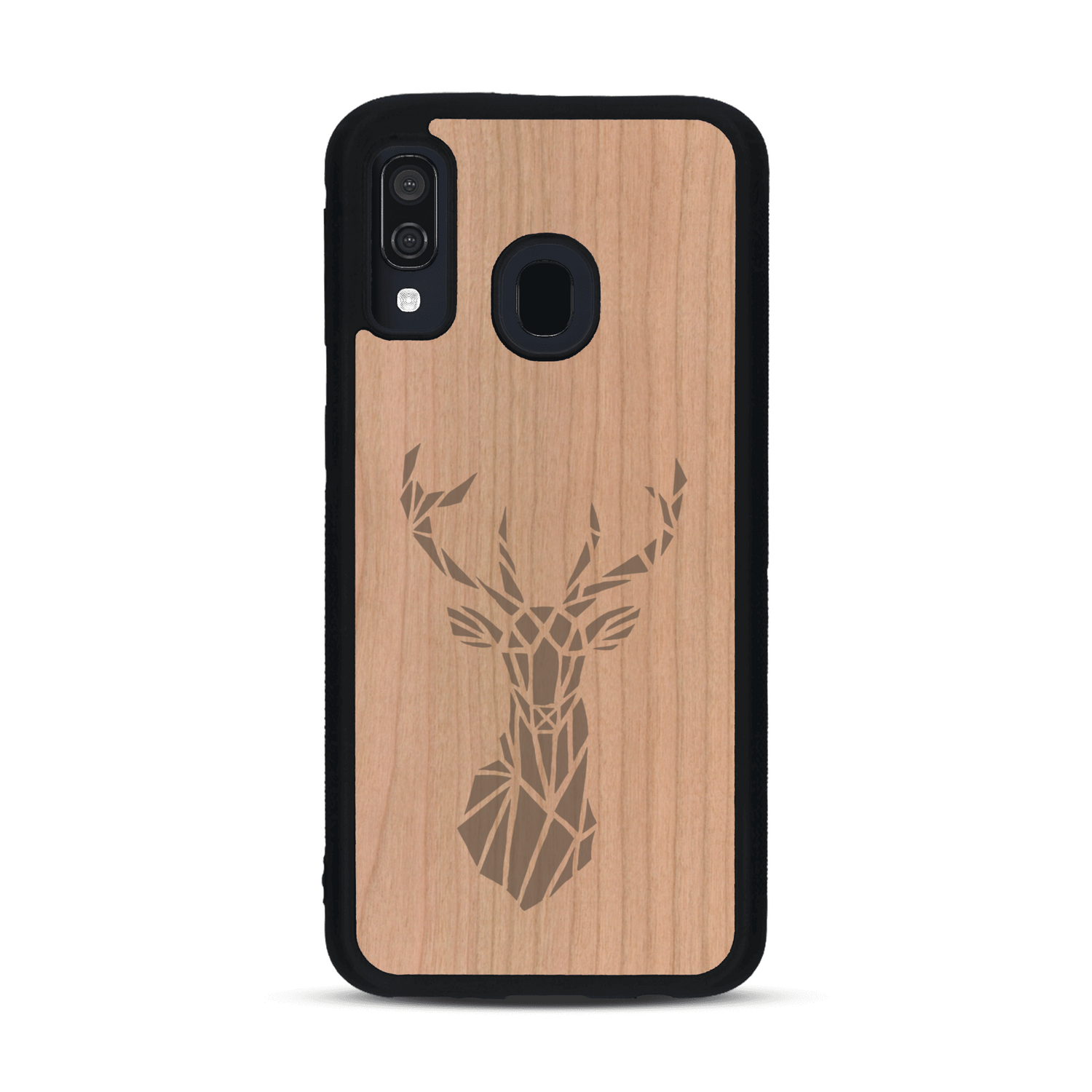 Coque de protection en bois véritable fabriquée en France pour  sur le thème de la nature et des animaux représentant une tête de cerf gométrique avec un design moderne et minimaliste