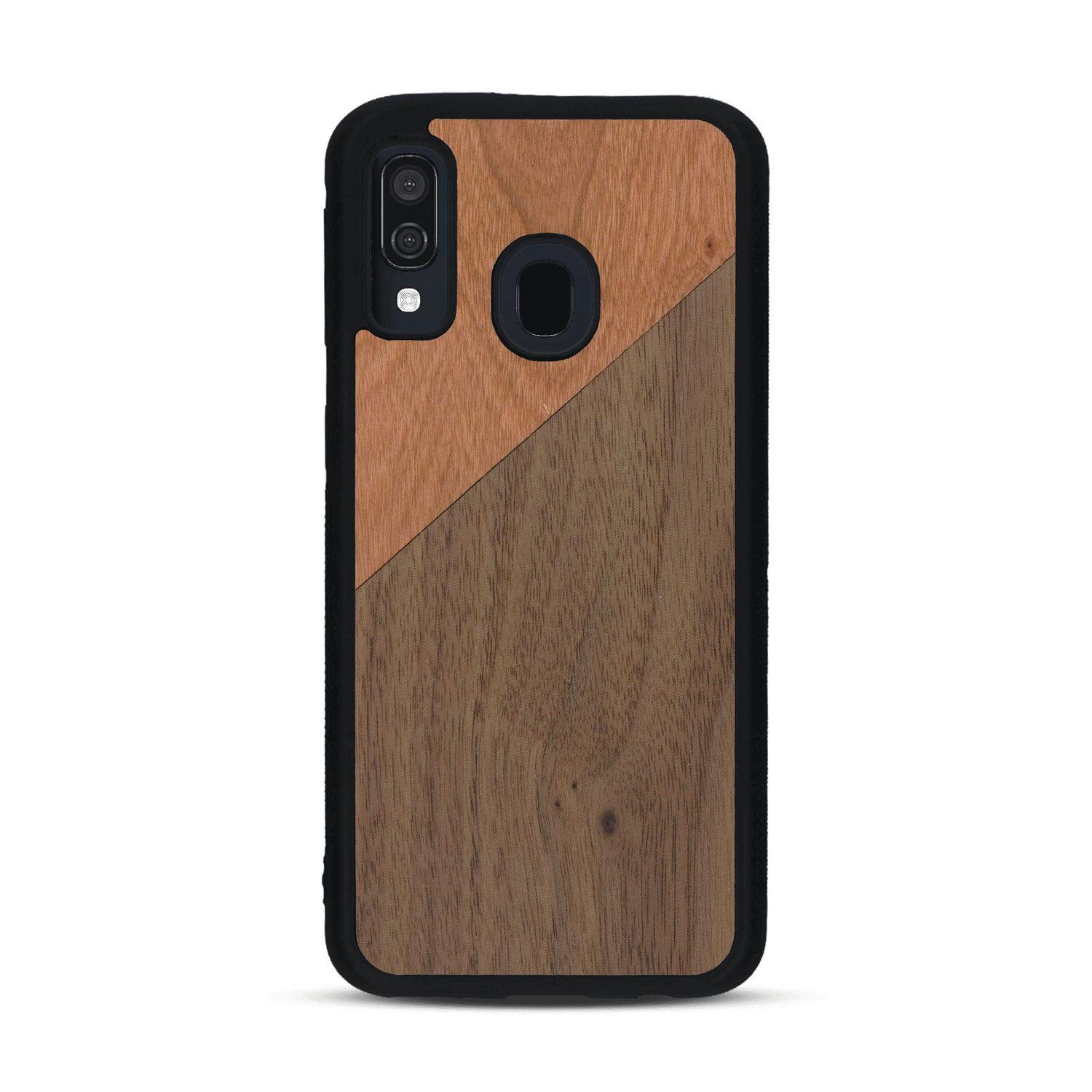 Coque de protection en bois véritable fabriquée en France pour  alliant du merisier et du noyer formant chacun un triangle avec une jointure en diagonale sur le thème de l'art abstrait