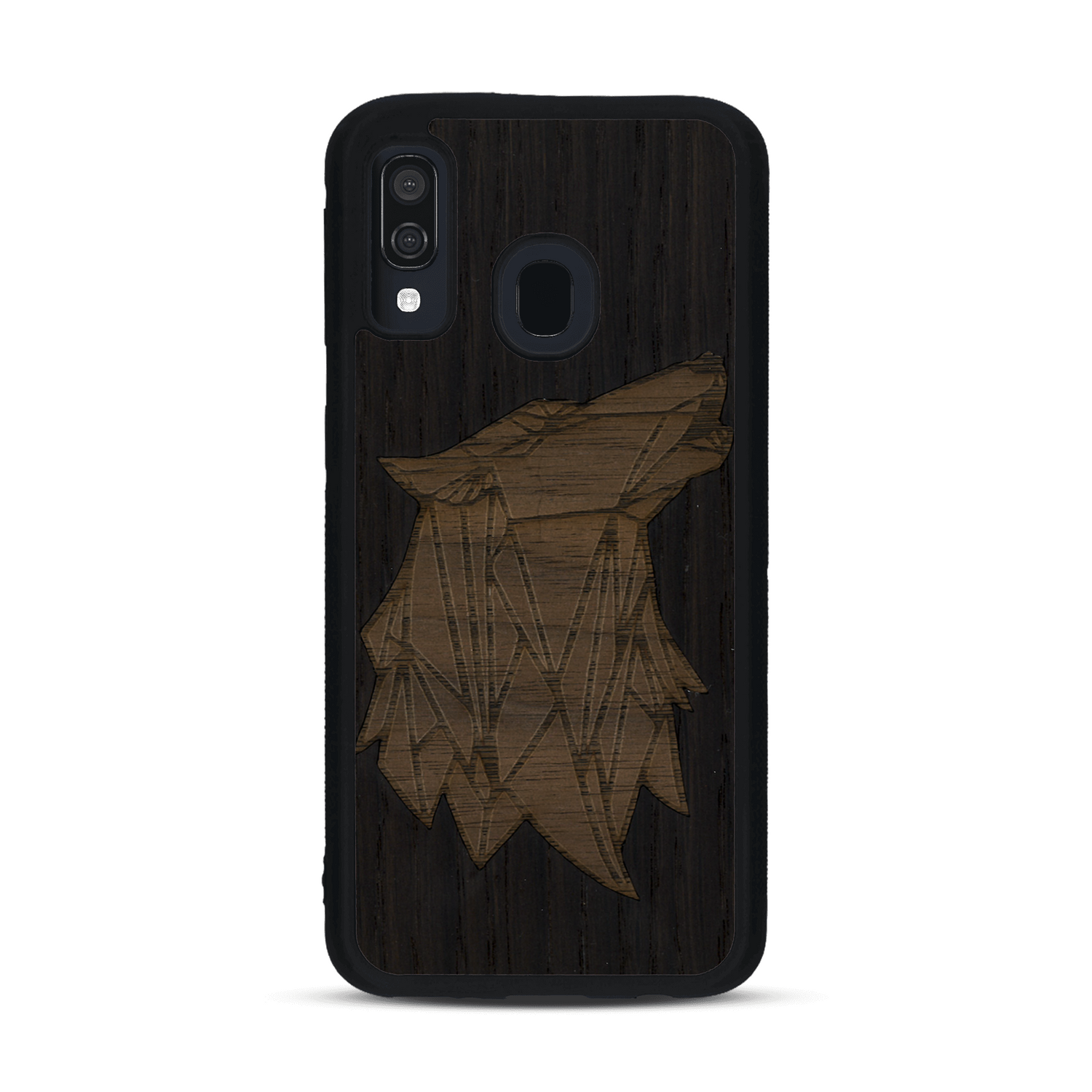 Coque de protection en bois véritable fabriquée en France pour  alliant du chêne fumé et du noyer représentant une tête de loup géométrique de profil sur le thème des animaux et de la nature
