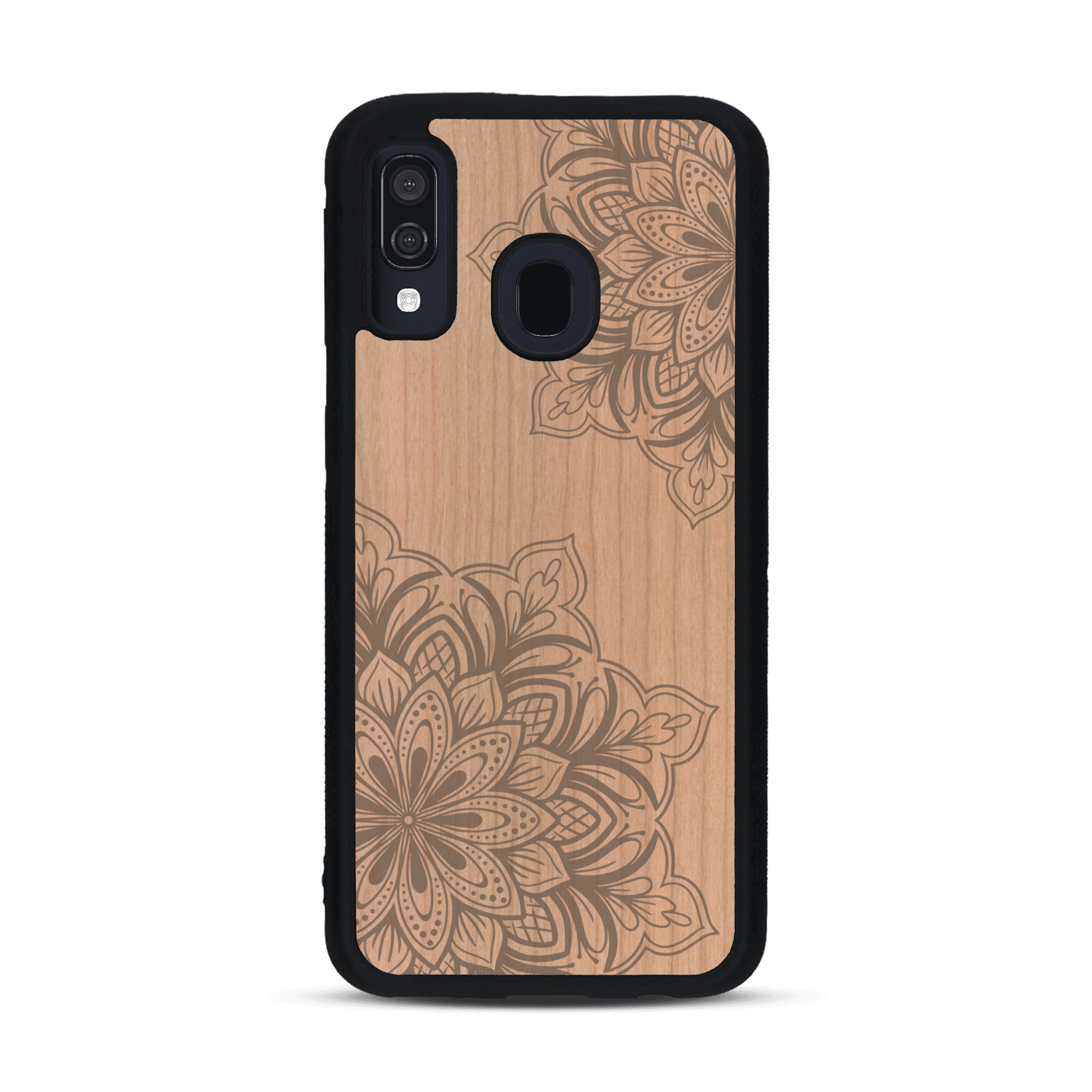Coque de protection en bois véritable fabriquée en France pour  sur le thème de la bohème et du tatouage au henné avec une gravure représentant un mandala
