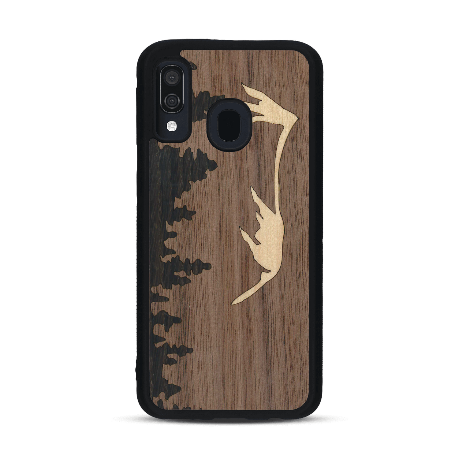 Coque de protection en bois véritable fabriquée en France pour  sur le thème de la nature et de la montagne qui allie du chêne fumé, du noyer et du bambou représentant le mont mézenc