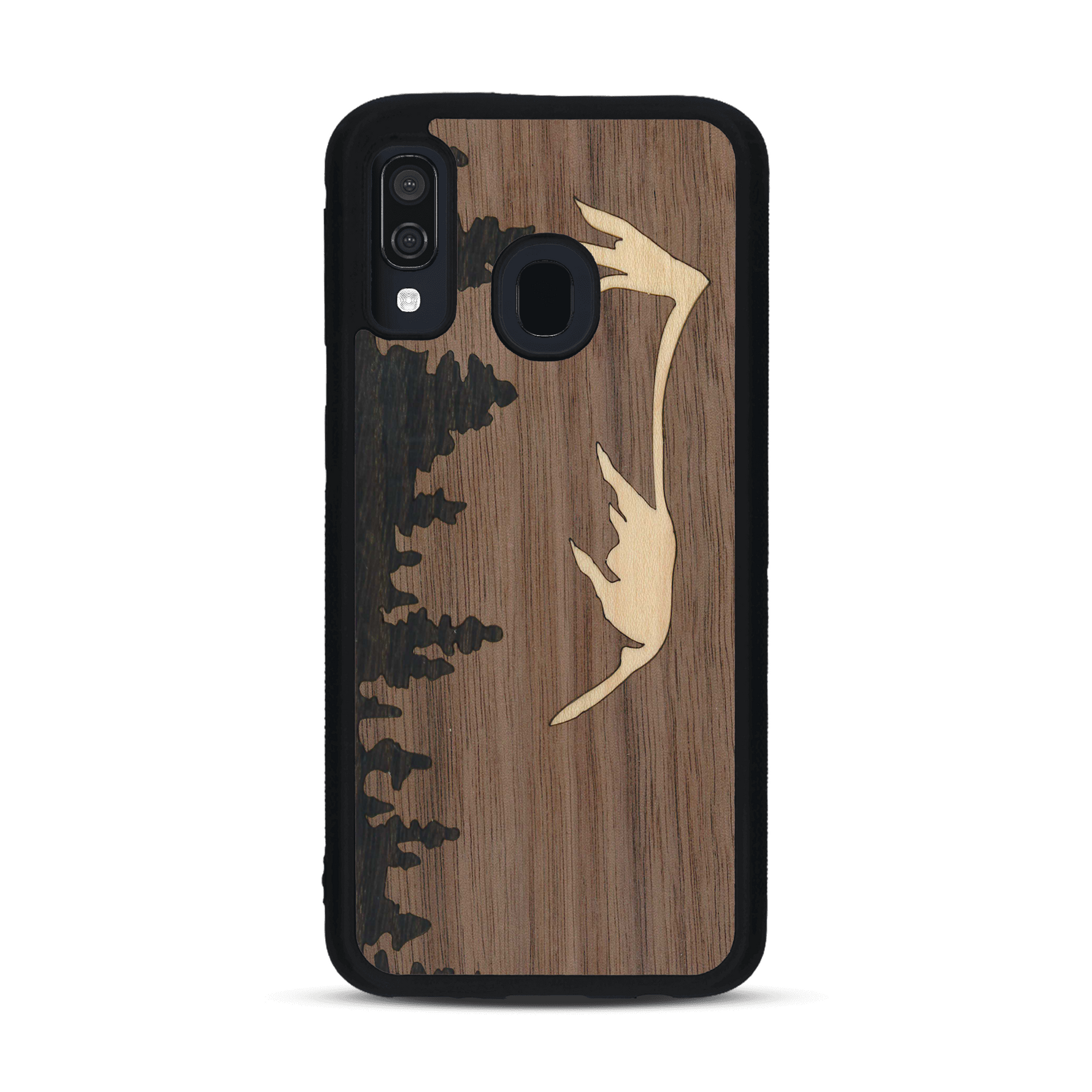 Coque de protection en bois véritable fabriquée en France pour  sur le thème de la nature et de la montagne qui allie du chêne fumé, du noyer et du bambou représentant le mont mézenc