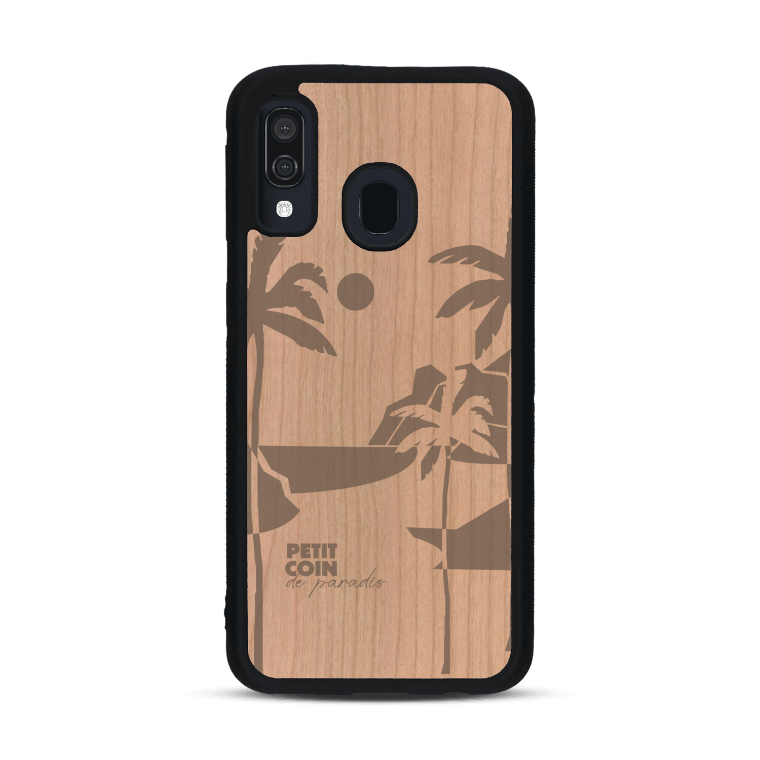 Coque de protection en bois véritable fabriquée en France pour  sur le thème des voyages en vans, vanlife et chill avec une gravure représentant un van vw combi devant le soleil couchant sur une plage avec des vagues