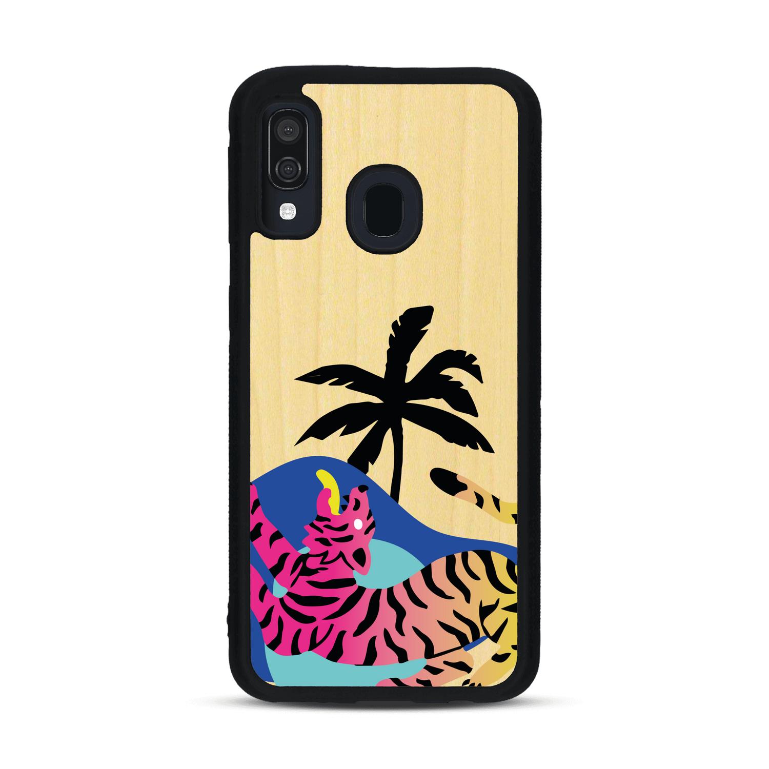 Coque de protection en bois véritable fabriquée en France pour Samsung A40 représentant un tigre coloré avec un design moderne et minimaliste sur le thème de la jungle et de la nature