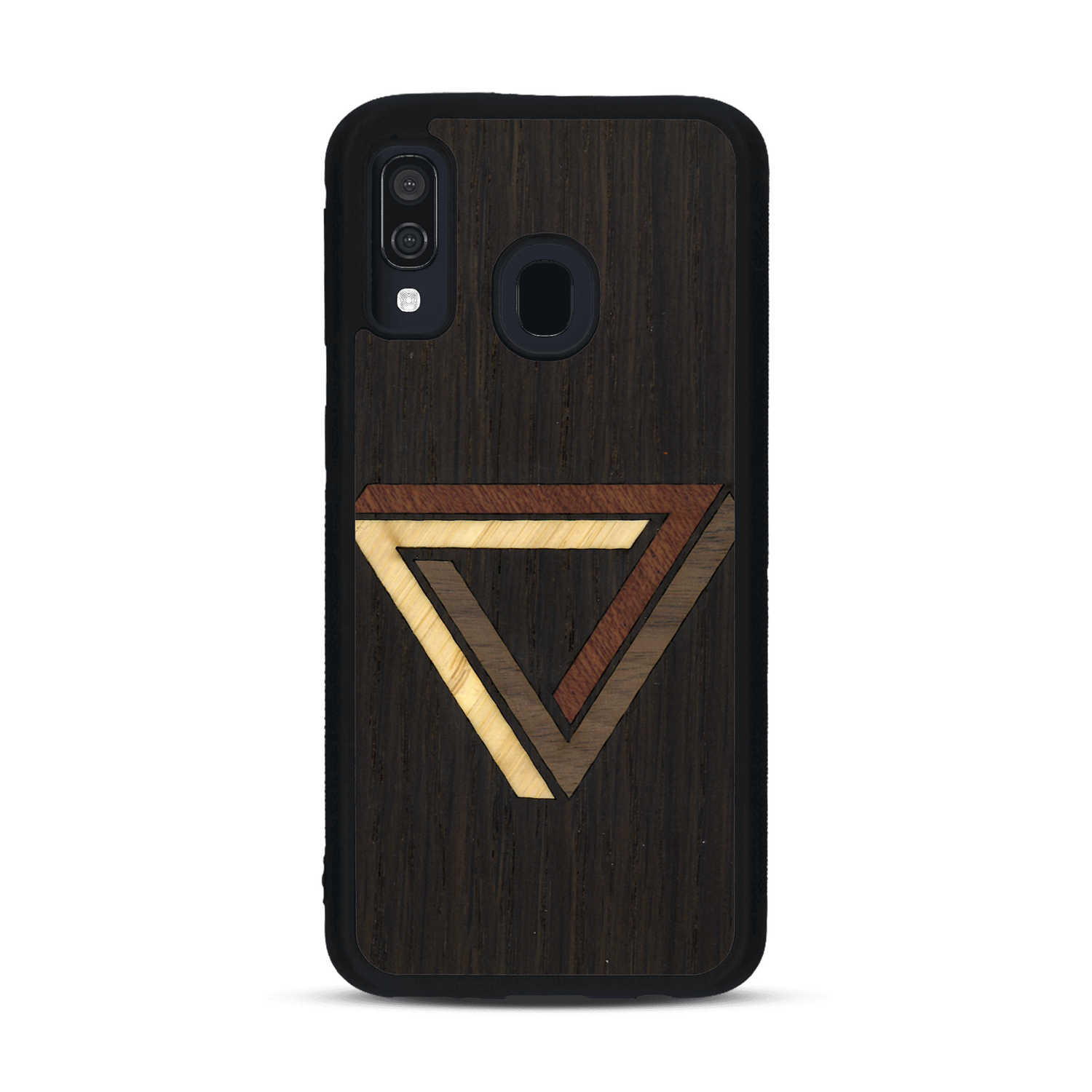 Coque de protection en bois véritable fabriquée en France pour  sur le thème de l'art géométrique qui allie du chêne fumé, du noyer, du bambou et du padouk représentant le triangle de penrose