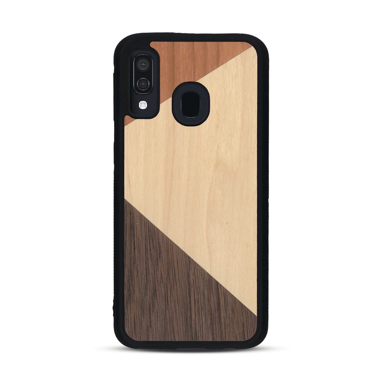 Coque de protection en bois véritable fabriquée en France pour  alliant du merisier, du noyer et du bambou formant chacun deux triangles et un trapèze avec deux jointures en diagonale sur le thème de l'art abstrait