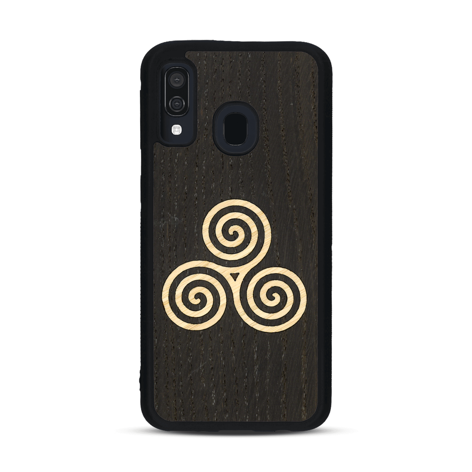 Coque de protection en bois véritable fabriquée en France pour  alliant du chêne fumé et du bambou et doré représentant un triskell