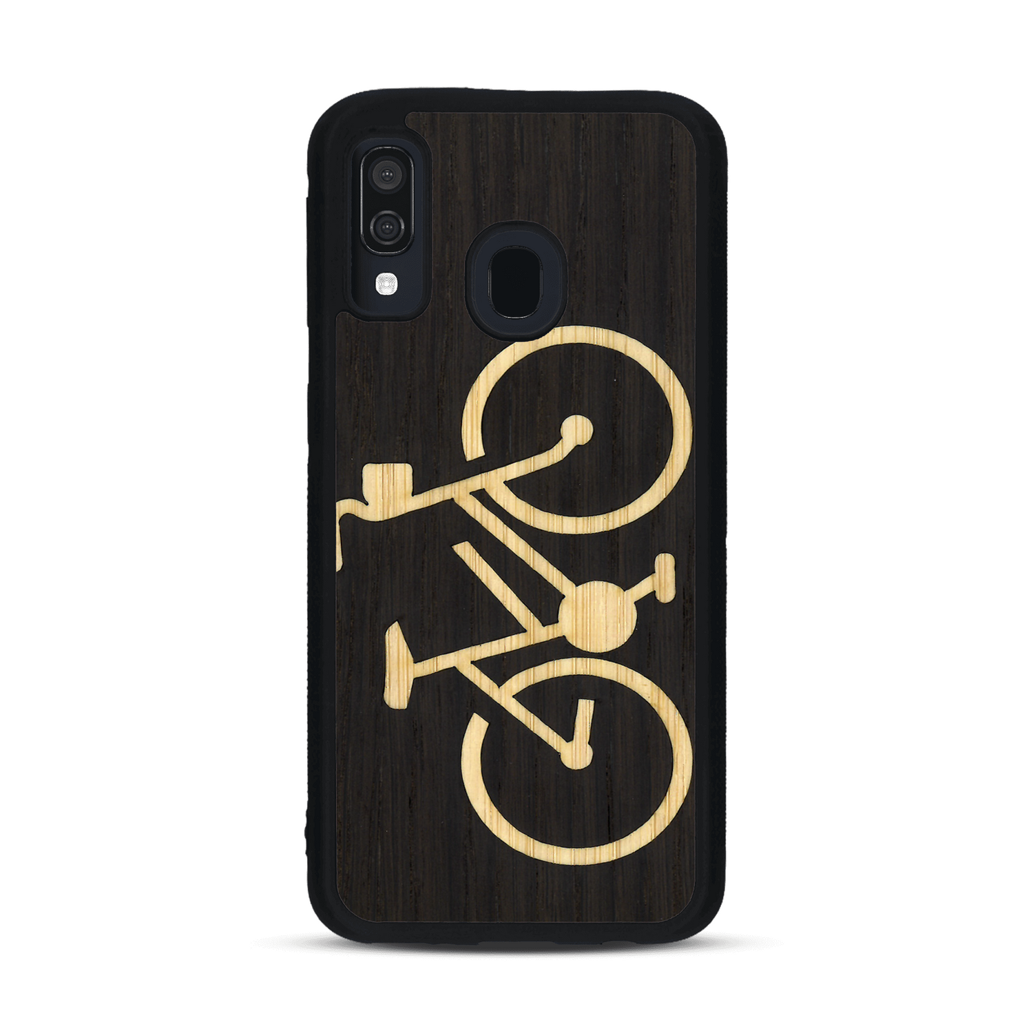 Coque de protection en bois véritable fabriquée en France pour  sur le theme du vélo et de l'outdoor qui allie du bambou et du chêne fumé représentant un vélo