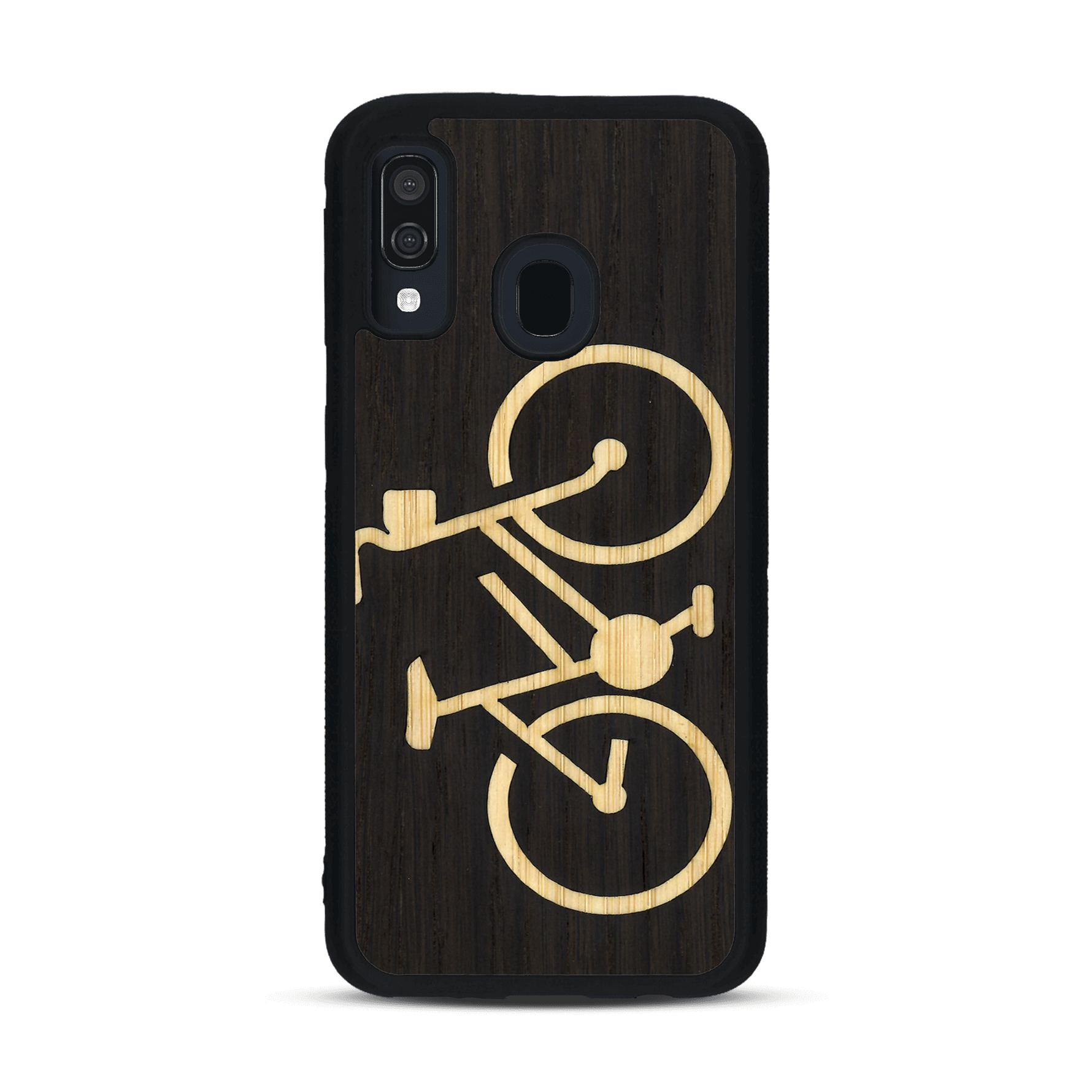 Coque de protection en bois véritable fabriquée en France pour  sur le theme du vélo et de l'outdoor qui allie du bambou et du chêne fumé représentant un vélo