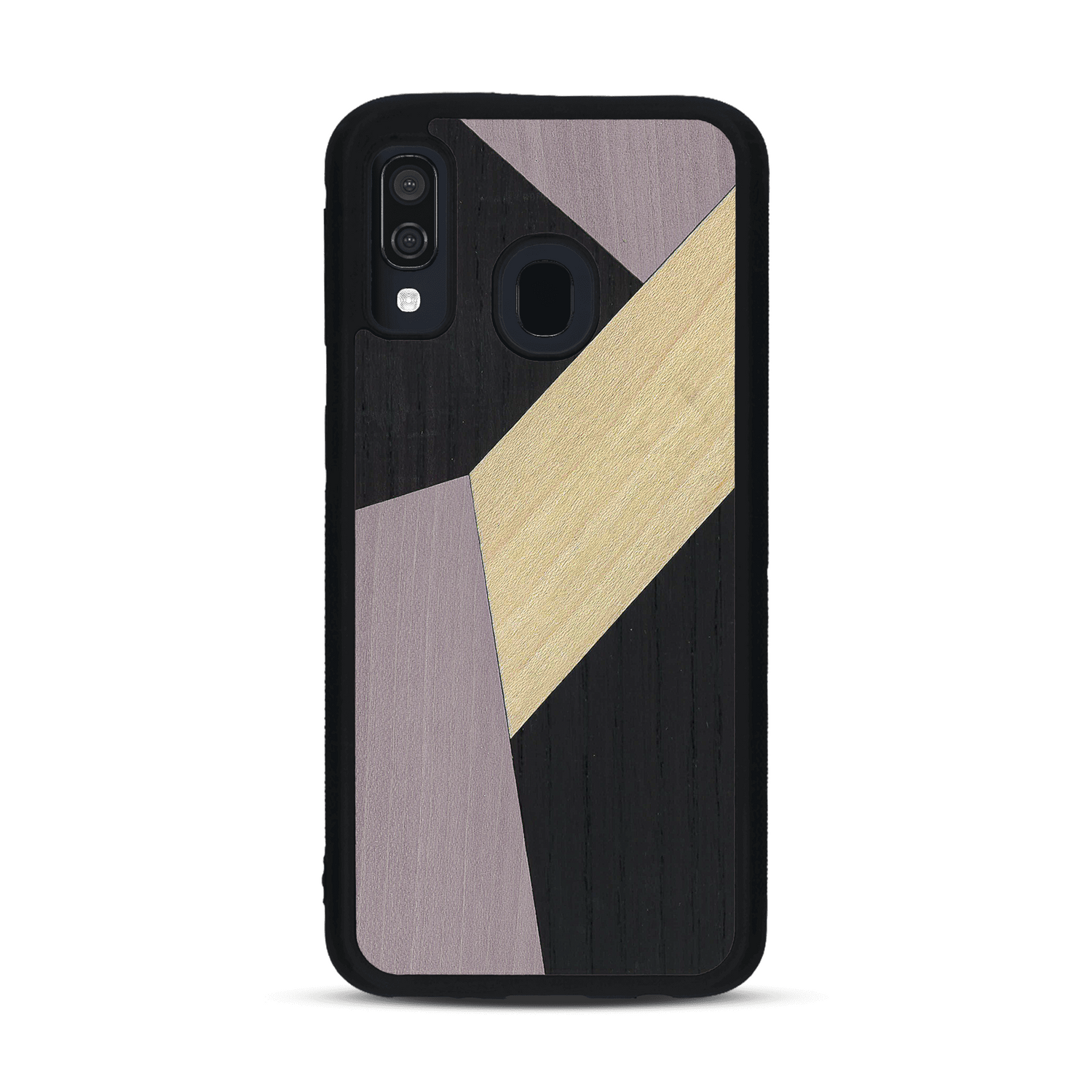 Coque de protection en bois véritable fabriquée en France pour  alliant du bambou, du tulipier mauve et noir en forme de mosaïque minimaliste sur le thème de l'art abstrait
