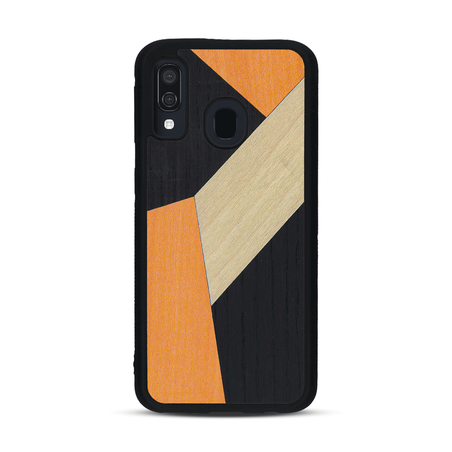 Coque de protection en bois véritable fabriquée en France pour  alliant du bambou, du tulipier orange et noir en forme de mosaïque minimaliste sur le thème de l'art abstrait