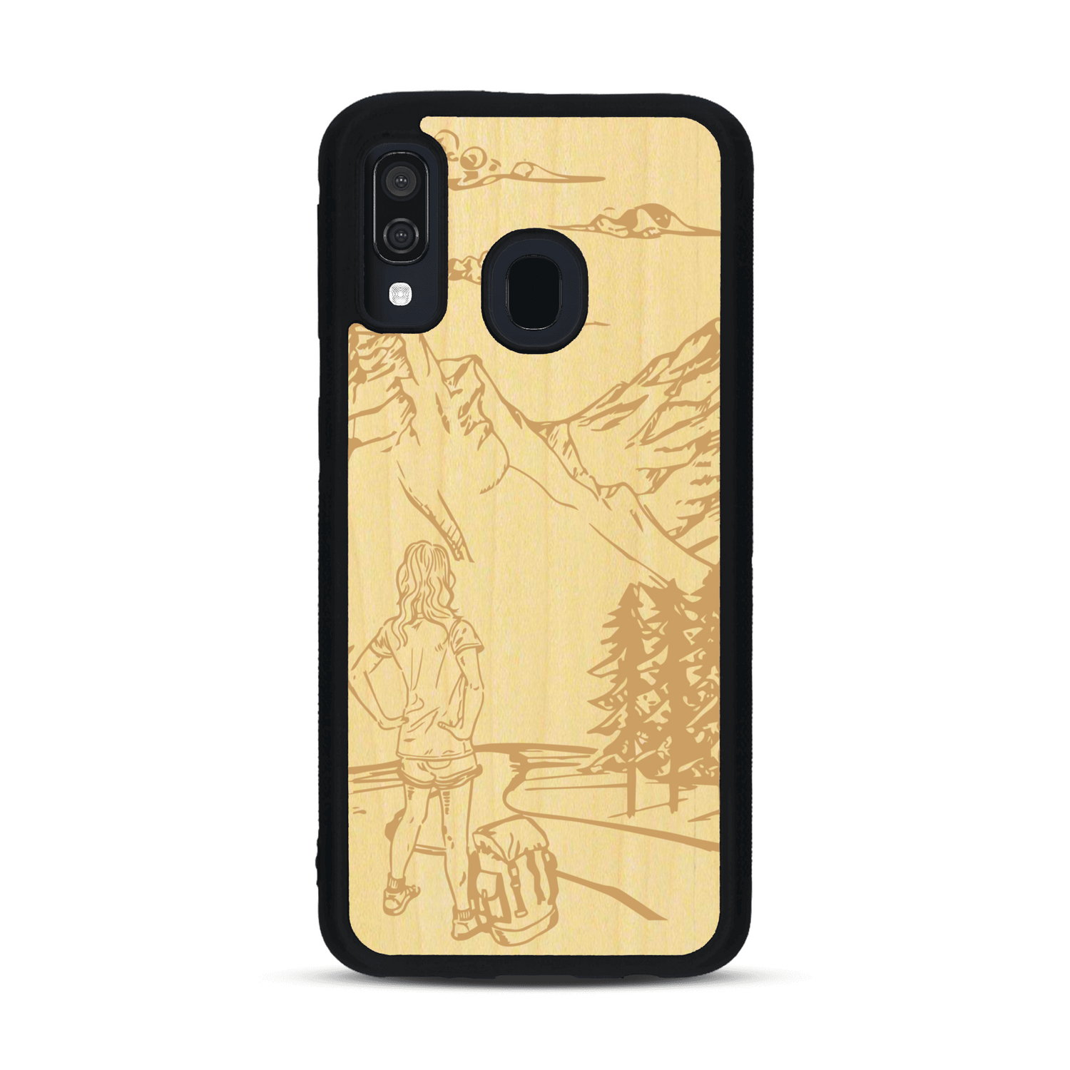 Coque de protection en bois véritable fabriquée en France pour  sur le thème de la randonnée en montagne et de l'aventure avec une gravure représentant une femme de dos face à un paysage de nature