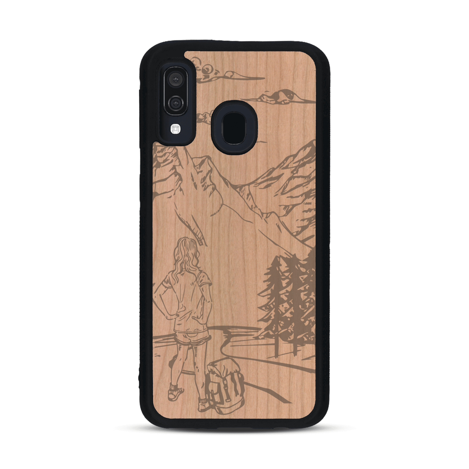 Coque de protection en bois véritable fabriquée en France pour  sur le thème de la randonnée en montagne et de l'aventure avec une gravure représentant une femme de dos face à un paysage de nature
