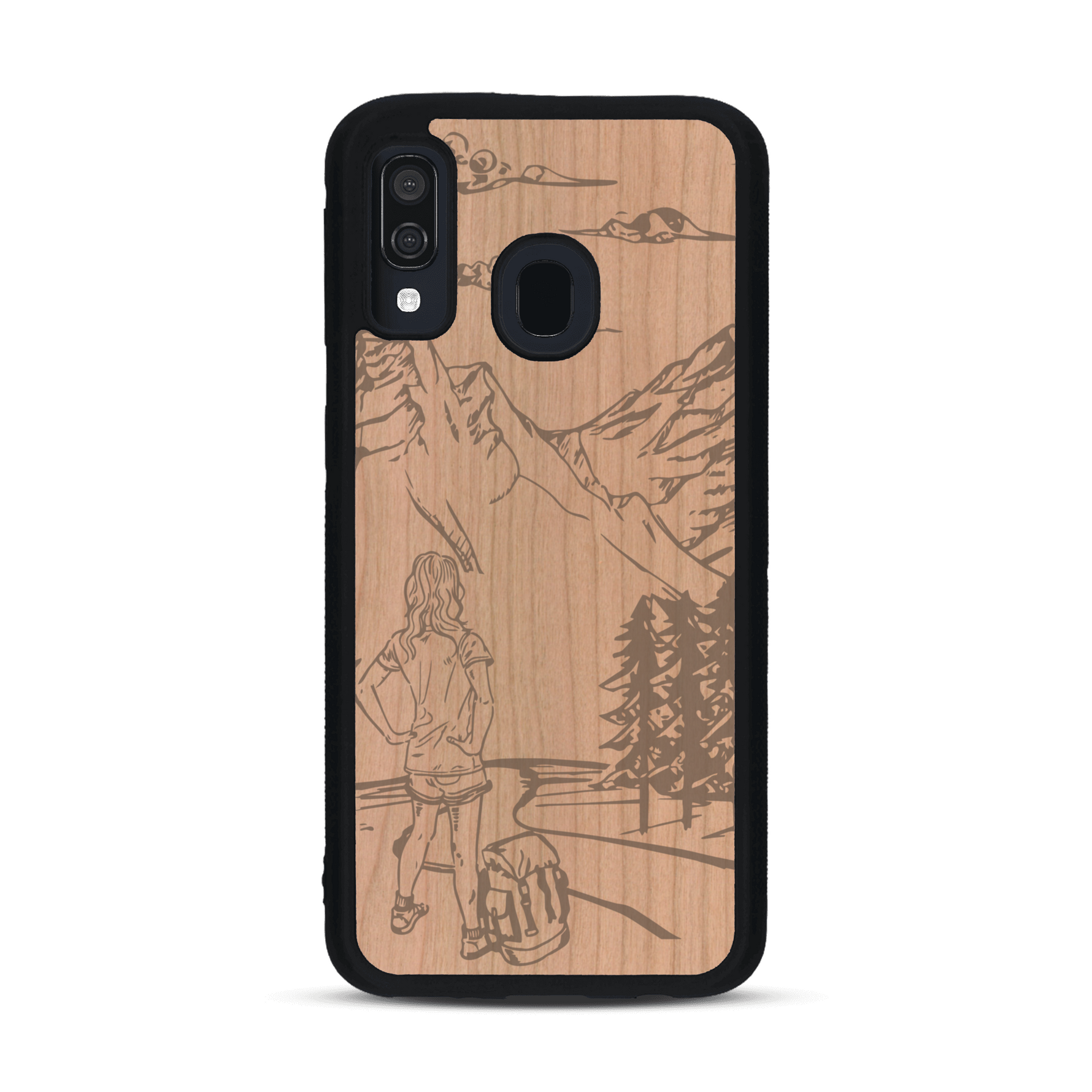 Coque de protection en bois véritable fabriquée en France pour  sur le thème de la randonnée en montagne et de l'aventure avec une gravure représentant une femme de dos face à un paysage de nature