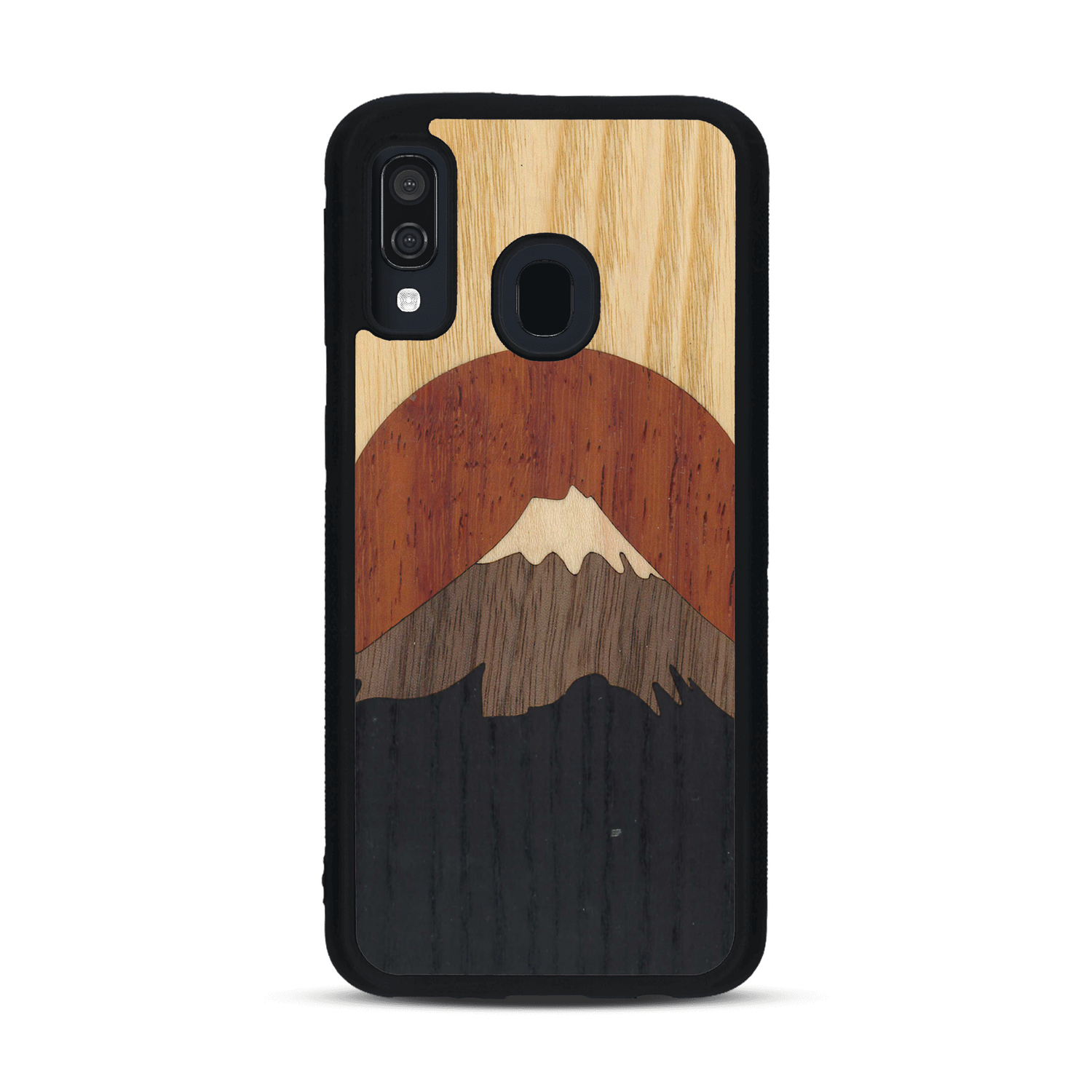 Coque de protection en bois véritable fabriquée en France pour  alliant plusieurs essences de bois pour représenter le mont Fuji