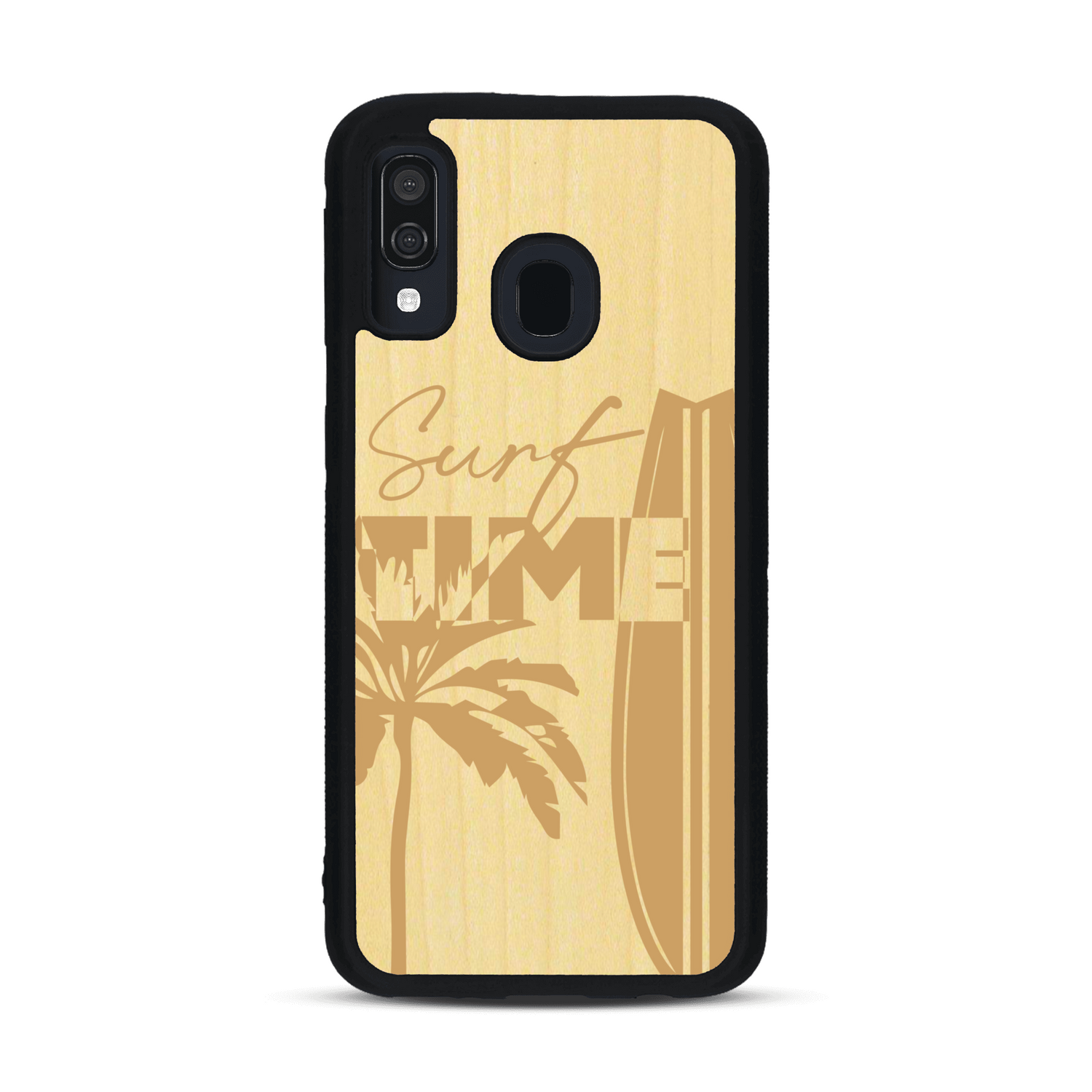 Coque de protection en bois véritable fabriquée en France pour  sur le thème chill avec un motif représentant une silouhette tenant une planche de surf sur une plage entouré de palmiers et les mots "Surf Time Long Beach Miami"