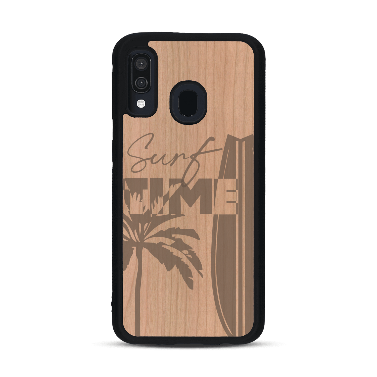 Coque de protection en bois véritable fabriquée en France pour  sur le thème chill avec un motif représentant une silouhette tenant une planche de surf sur une plage entouré de palmiers et les mots "Surf Time Long Beach Miami"