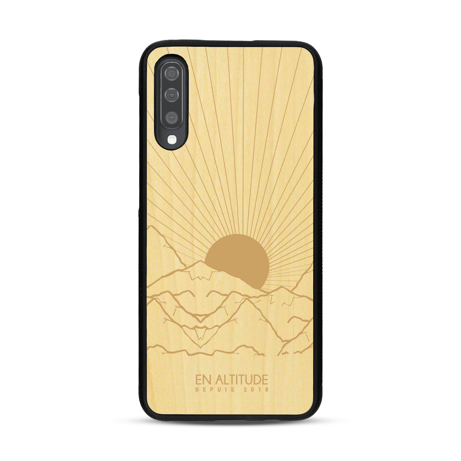 Coque de protection en bois véritable fabriquée en France pour  représentant des montagnes, sur le thème de la randonnée en pleine nature et du trail