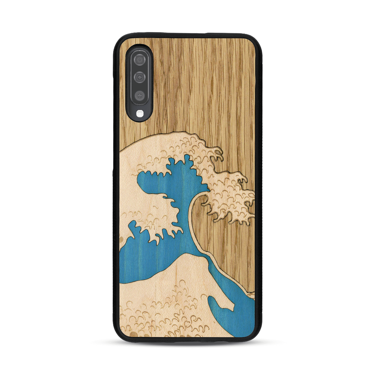 Coque de protection en bois véritable fabriquée en France pour  alliant plusieurs essences de bois pour représenter la célèbre grande vague de Kanagawa