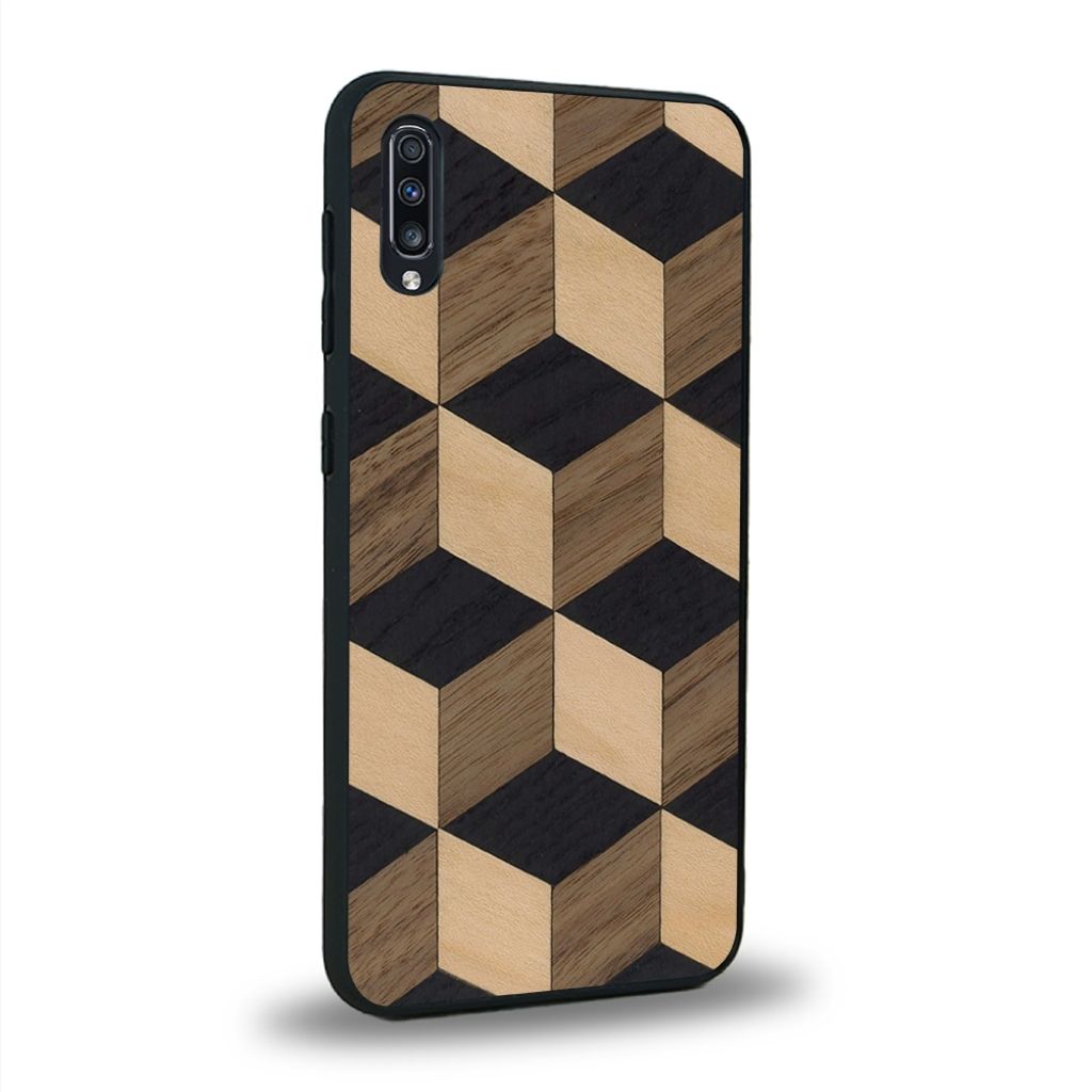 Coque de protection en bois véritable fabriquée en France pour Samsung A50 alliant plusieurs essences de bois pour représenter un classique intemporel de la marqueterie