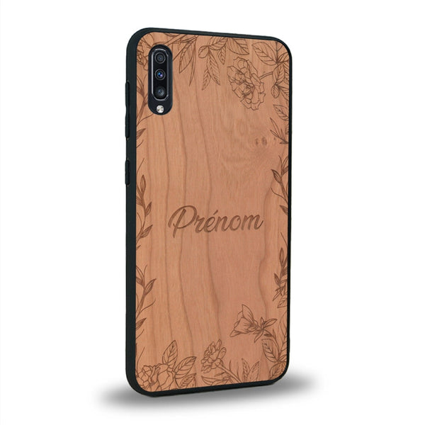 Coque de protection en bois véritable fabriquée en France pour Samsung A50 sur le thème de la fête des mères avec un motif représentant des fleurs et des feuilles