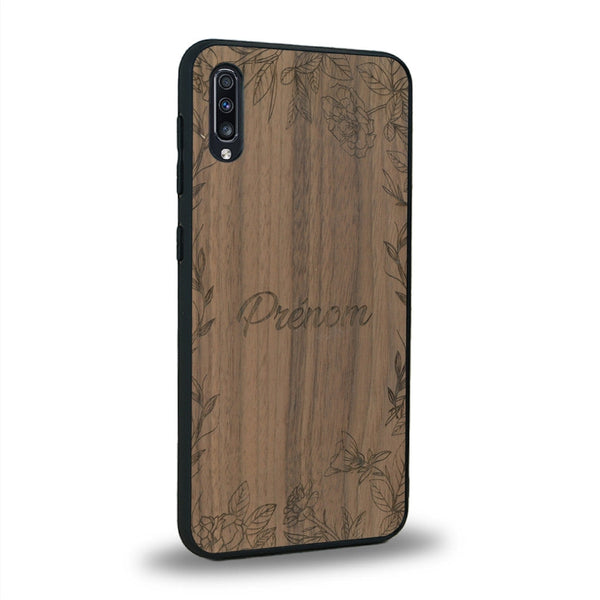 Coque de protection en bois véritable fabriquée en France pour Samsung A50 sur le thème de la fête des mères avec un motif représentant des fleurs et des feuilles