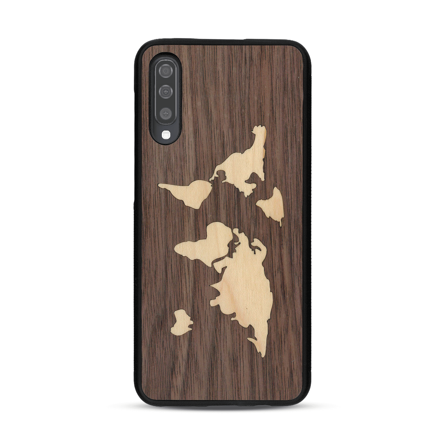 Coque de protection en bois véritable fabriquée en France pour  alliant du bambou et du noyer sur le thème du voyage et de l'aventure représentant une mappemonde