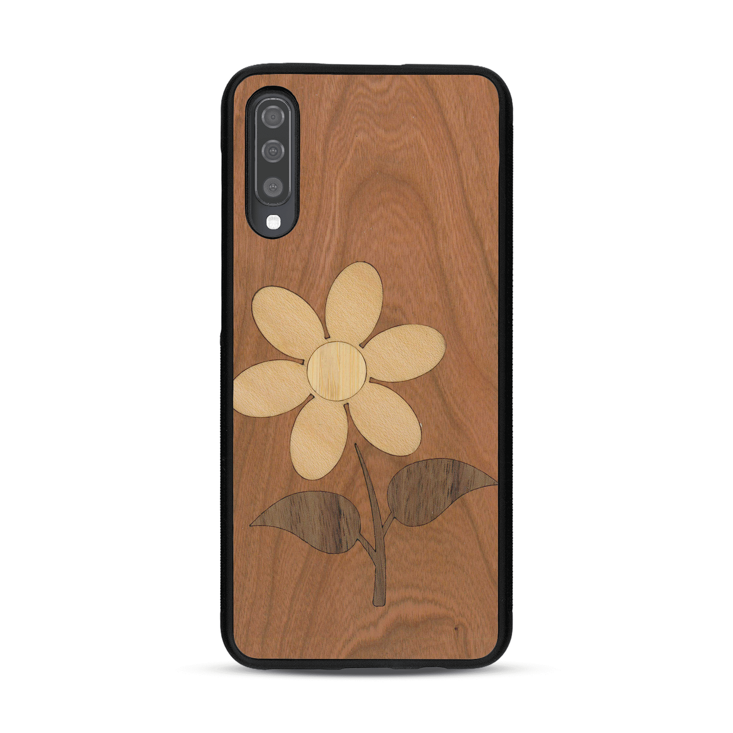Coque de protection en bois véritable fabriquée en France pour  alliant plusieurs essences de bois pour représenter une marguerite