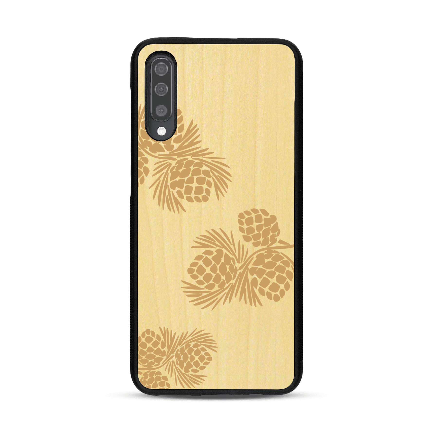 Coque de protection en bois véritable fabriquée en France pour  sur le thème de la nature des arbres avec un motif de gravure représentant des épines de sapin et des pommes de pin