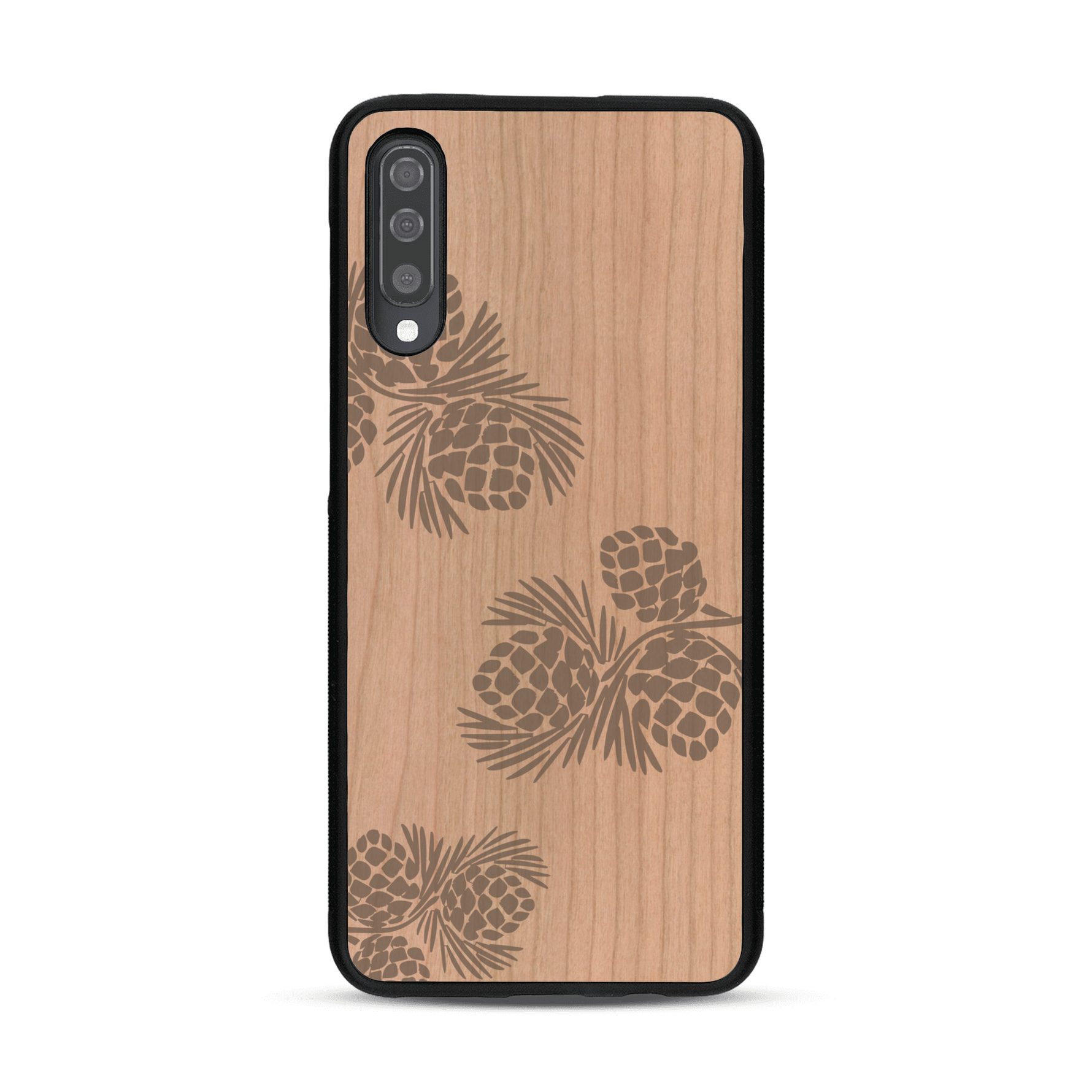 Coque de protection en bois véritable fabriquée en France pour  sur le thème de la nature des arbres avec un motif de gravure représentant des épines de sapin et des pommes de pin