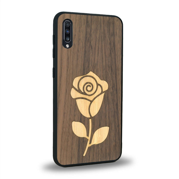 Coque de protection en bois véritable fabriquée en France pour Samsung A50 alliant plusieurs essences de bois pour représenter une rose