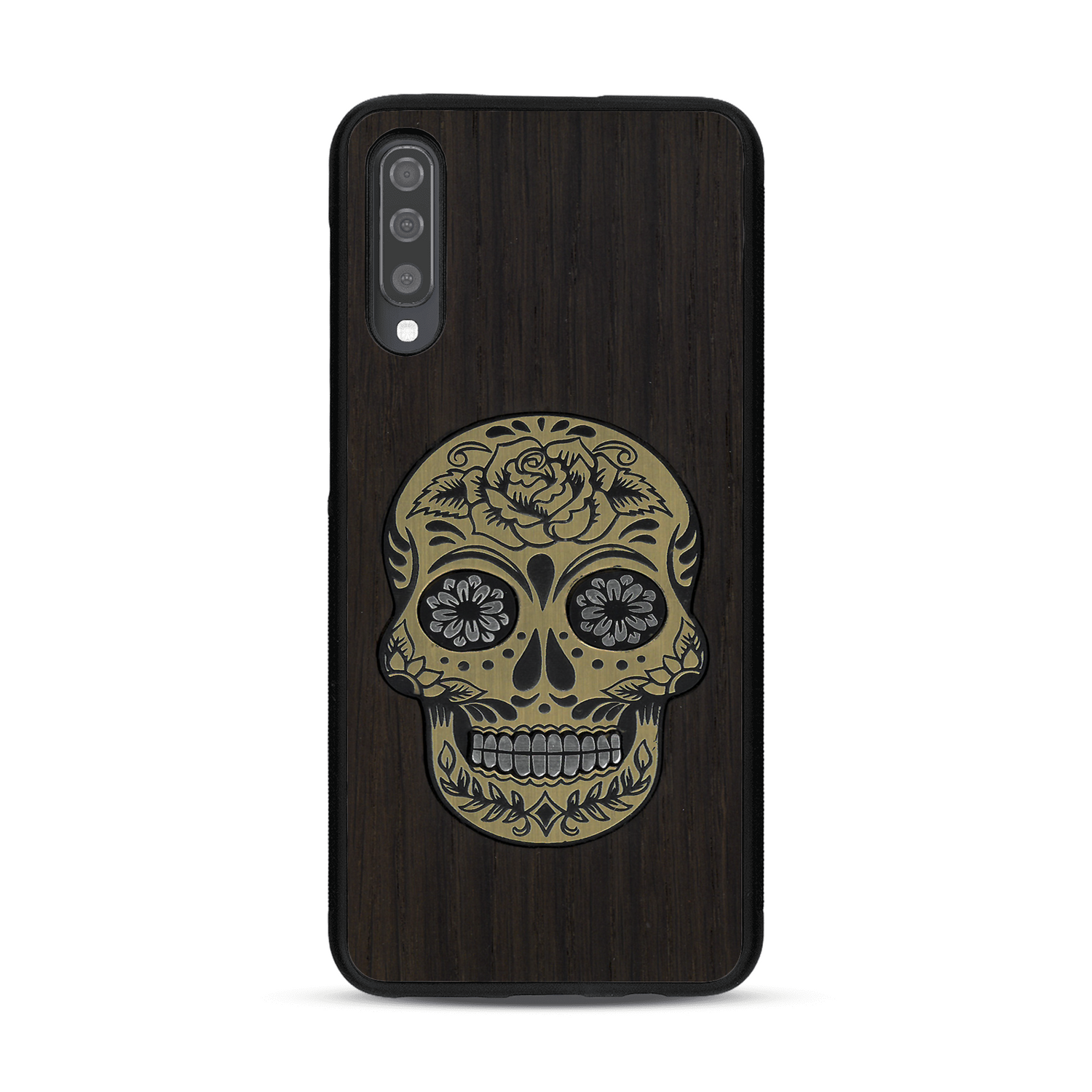 Coque de protection en bois véritable fabriquée en France pour  alliant du chêne fumé avec du métal argenté et doré représentant une tête de mort mexicaine sur le thème Dia de los Muertos