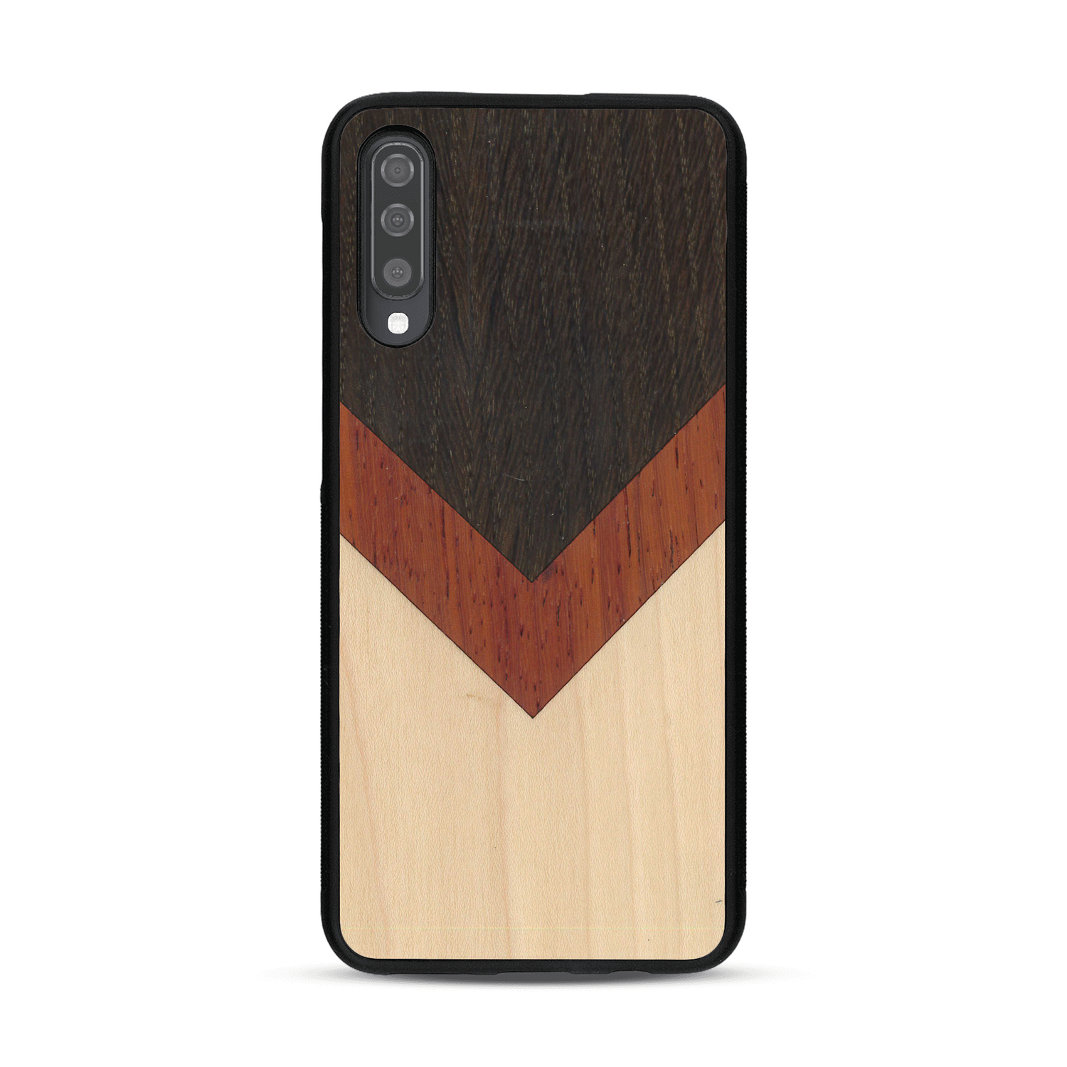 Coque de protection en bois véritable fabriquée en France pour  alliant du chêne fumé, du padouk et du bambou en forme de chevron sur le thème de l'art abstrait