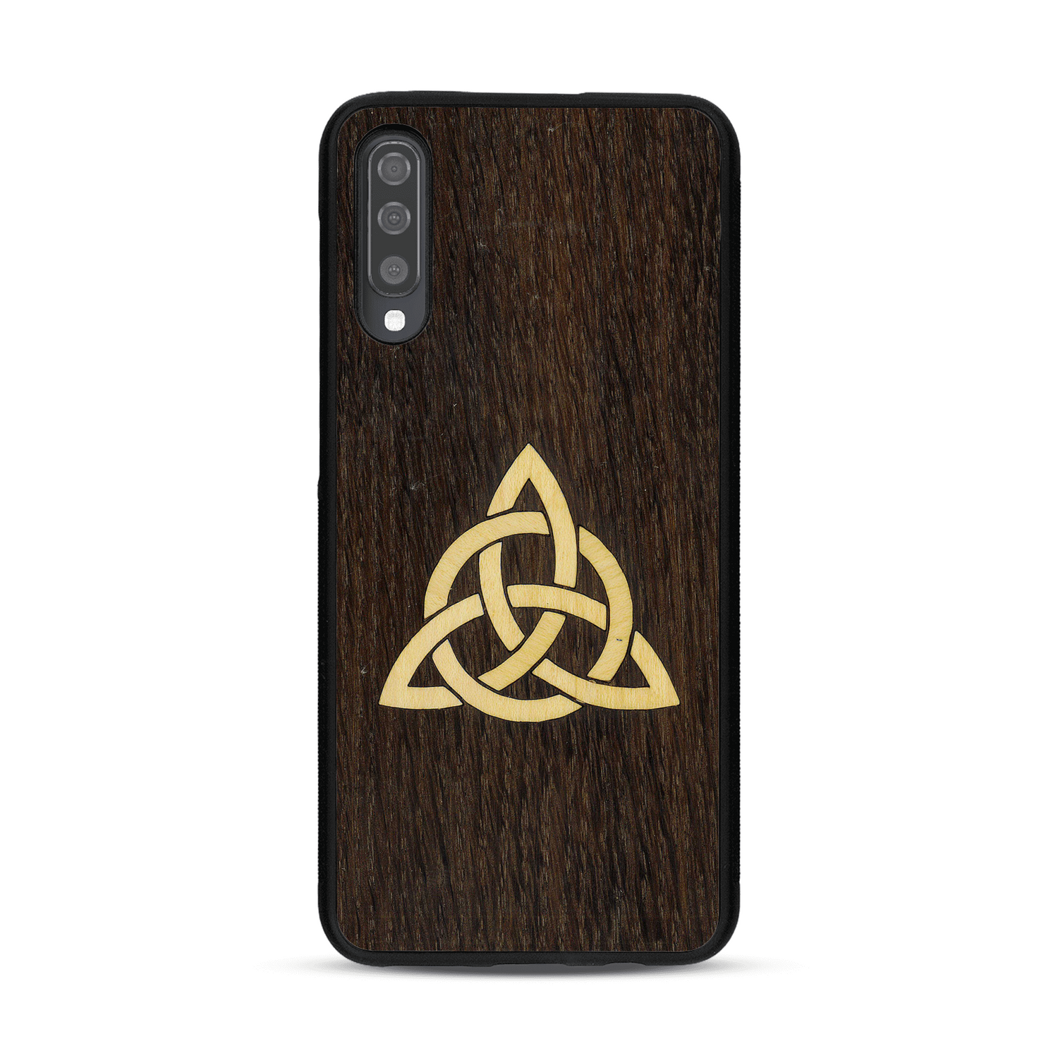 Coque de protection en bois véritable fabriquée en France pour  alliant du chêne fumé et du bambou représentant une triquetra