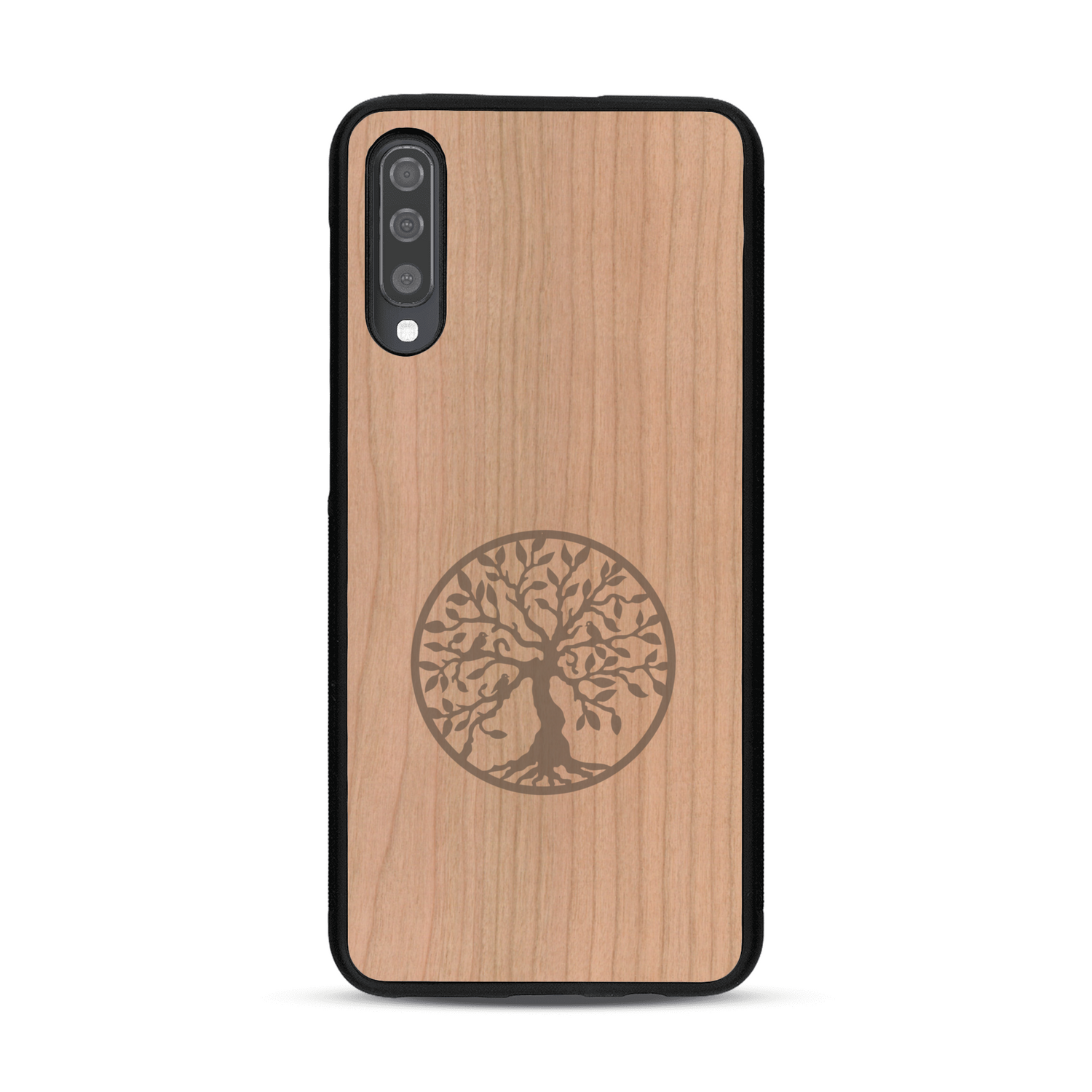Coque de protection en bois véritable fabriquée en France pour  sur le thème de la spiritualité et du yoga avec une gravure zen représentant un arbre de vie