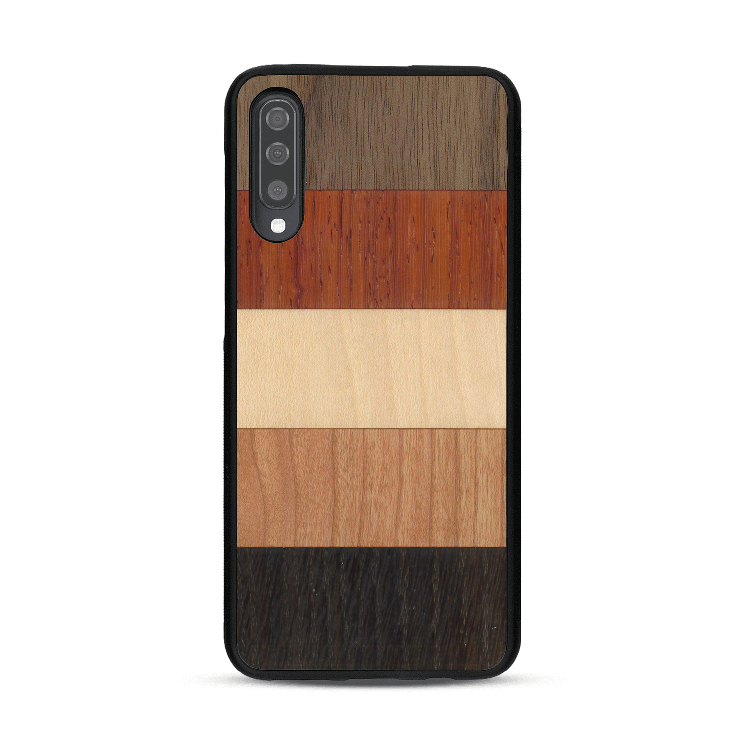 Coque de protection en bois véritable fabriquée en France pour  alliant des bandes horizontales de bambou, merisier, padouk, noyer et chêne fumé
