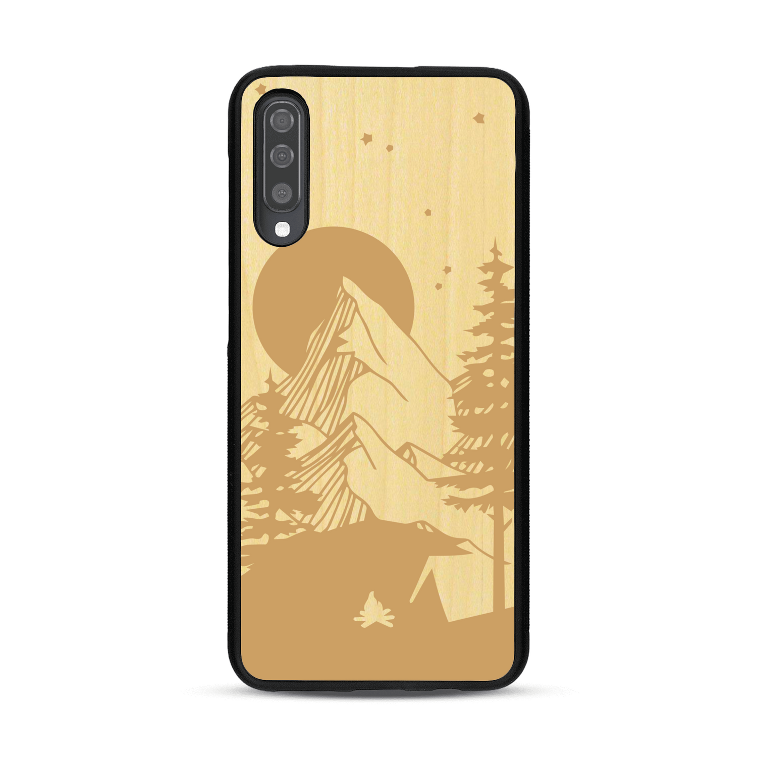 Coque de protection en bois véritable fabriquée en France pour  sur le thème du camping en pleine nature représentant une tente avec un feu de camp entouré de montagnes