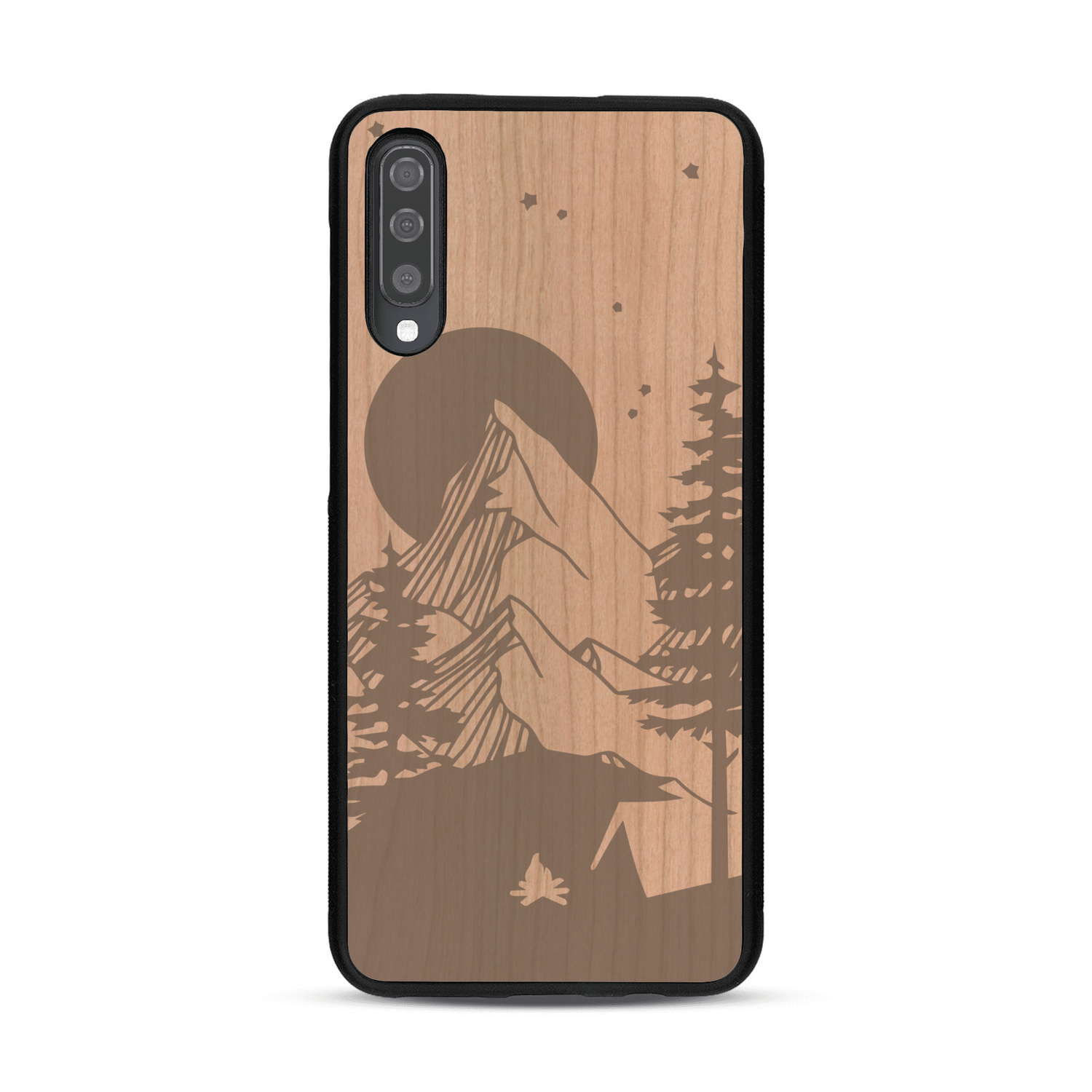 Coque de protection en bois véritable fabriquée en France pour  sur le thème du camping en pleine nature représentant une tente avec un feu de camp entouré de montagnes