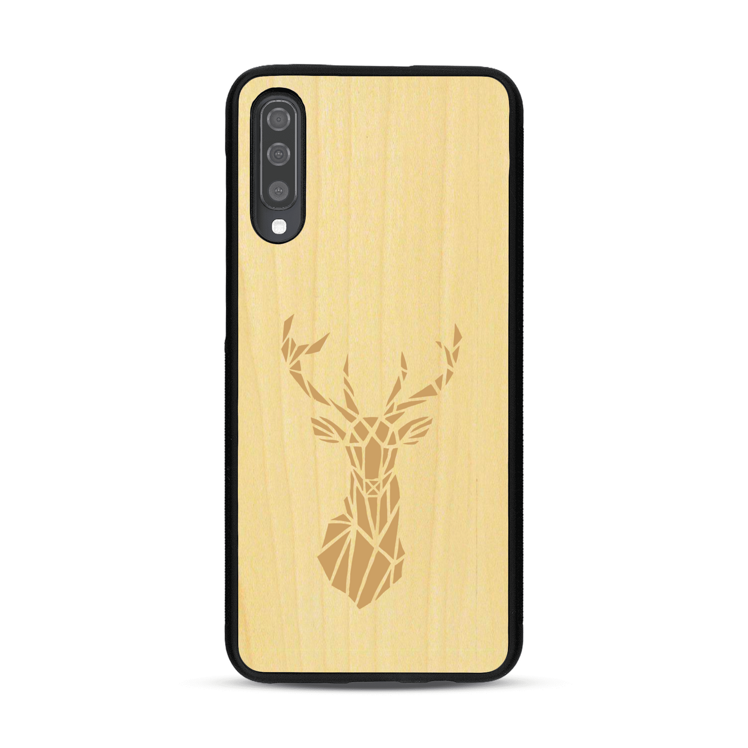 Coque de protection en bois véritable fabriquée en France pour  sur le thème de la nature et des animaux représentant une tête de cerf gométrique avec un design moderne et minimaliste