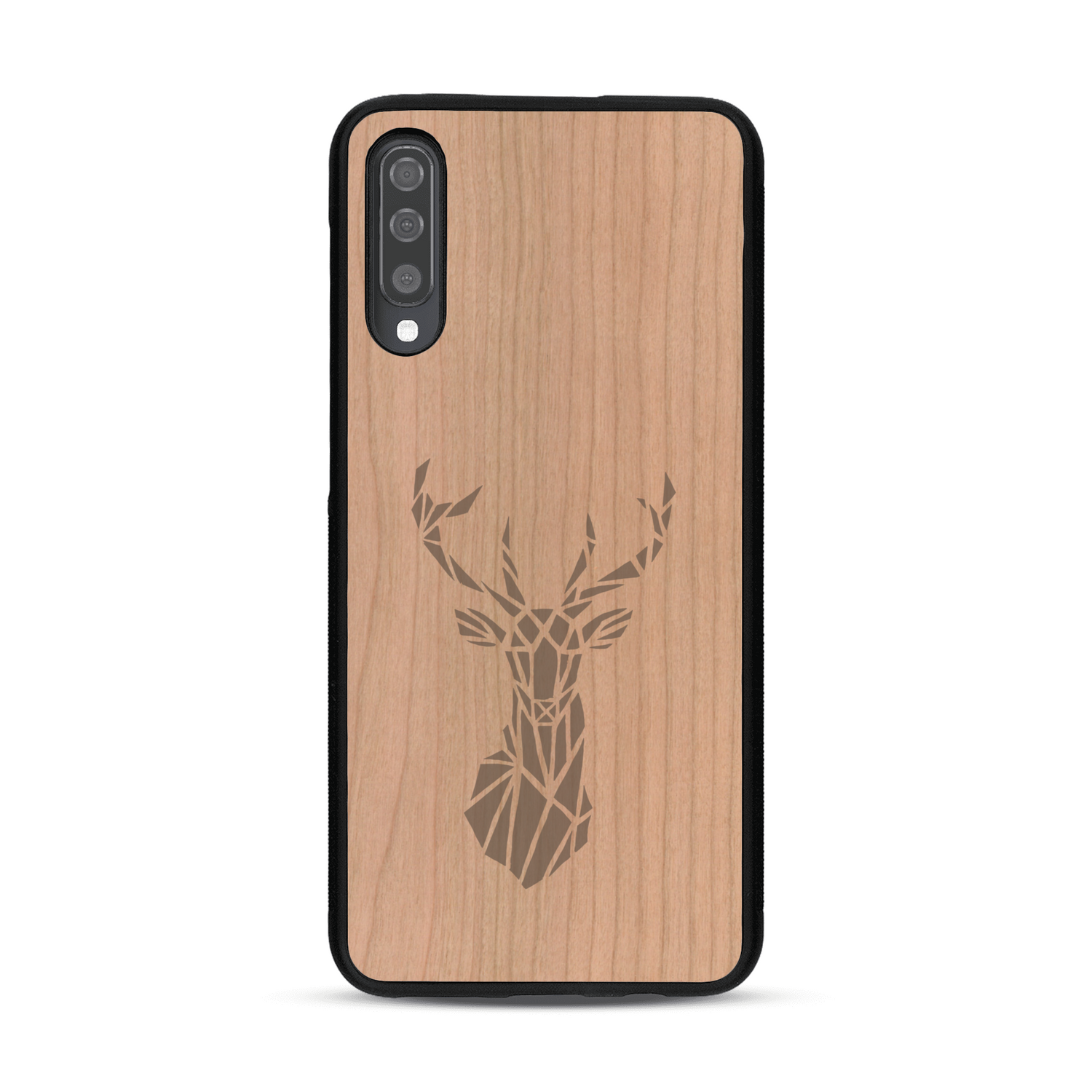 Coque de protection en bois véritable fabriquée en France pour  sur le thème de la nature et des animaux représentant une tête de cerf gométrique avec un design moderne et minimaliste
