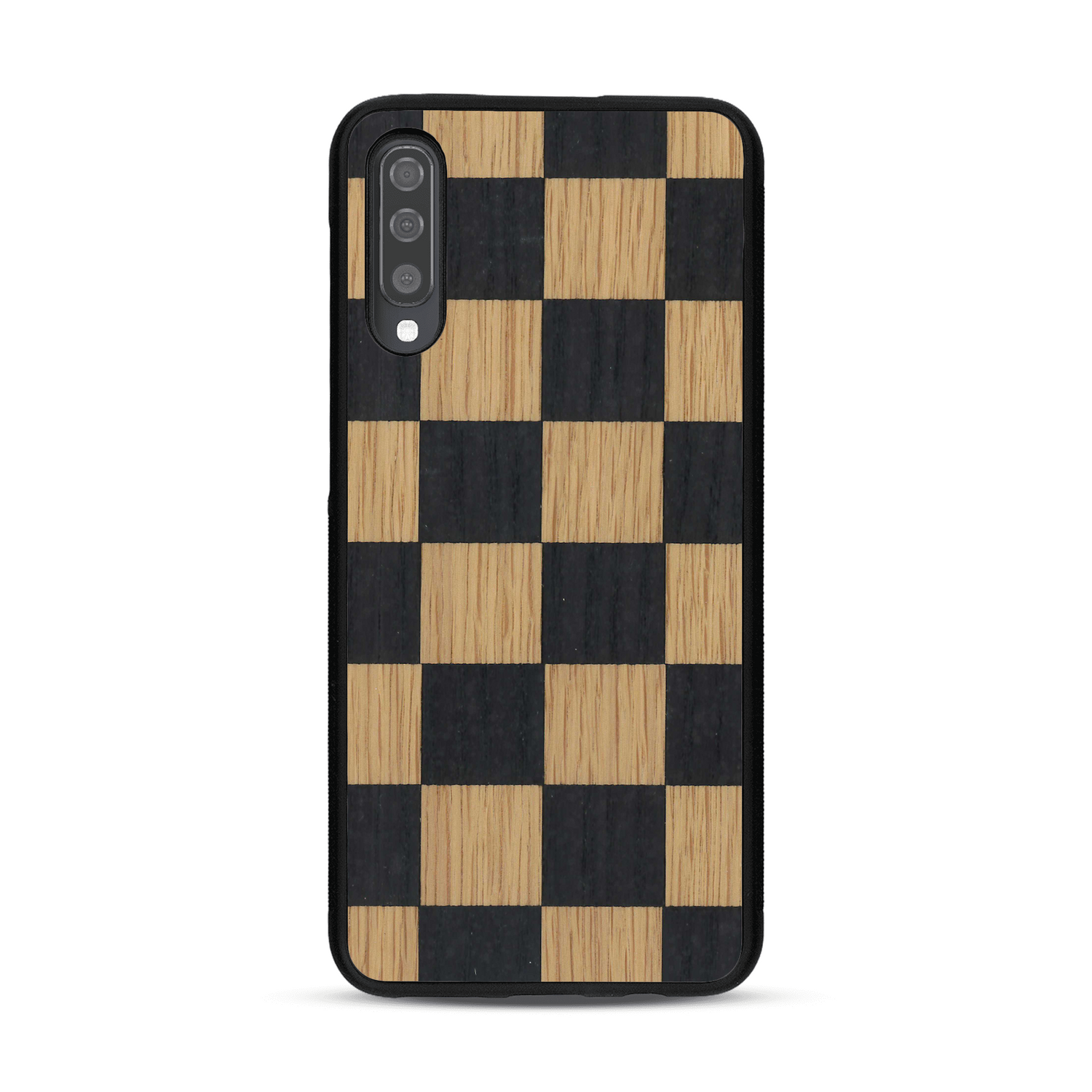 Coque de protection en bois véritable fabriquée en France pour  alliant plusieurs essences de bois pour représenter un damier