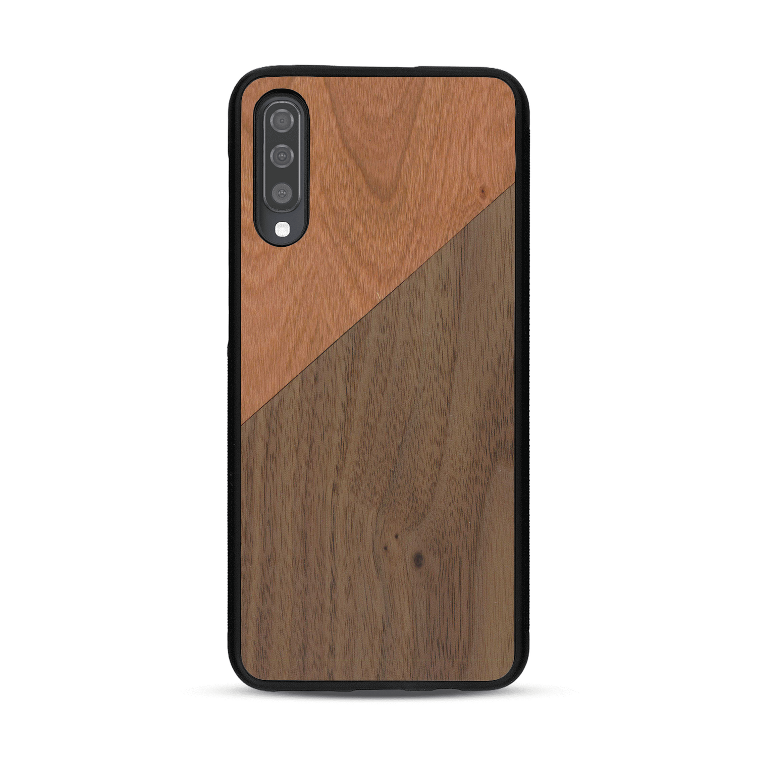 Coque de protection en bois véritable fabriquée en France pour  alliant du merisier et du noyer formant chacun un triangle avec une jointure en diagonale sur le thème de l'art abstrait