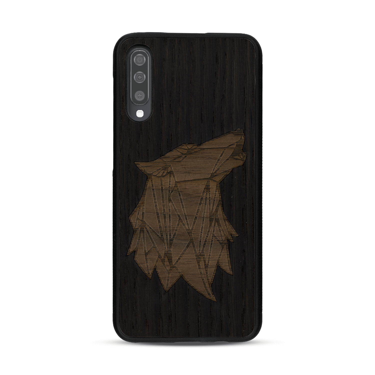 Coque de protection en bois véritable fabriquée en France pour  alliant du chêne fumé et du noyer représentant une tête de loup géométrique de profil sur le thème des animaux et de la nature
