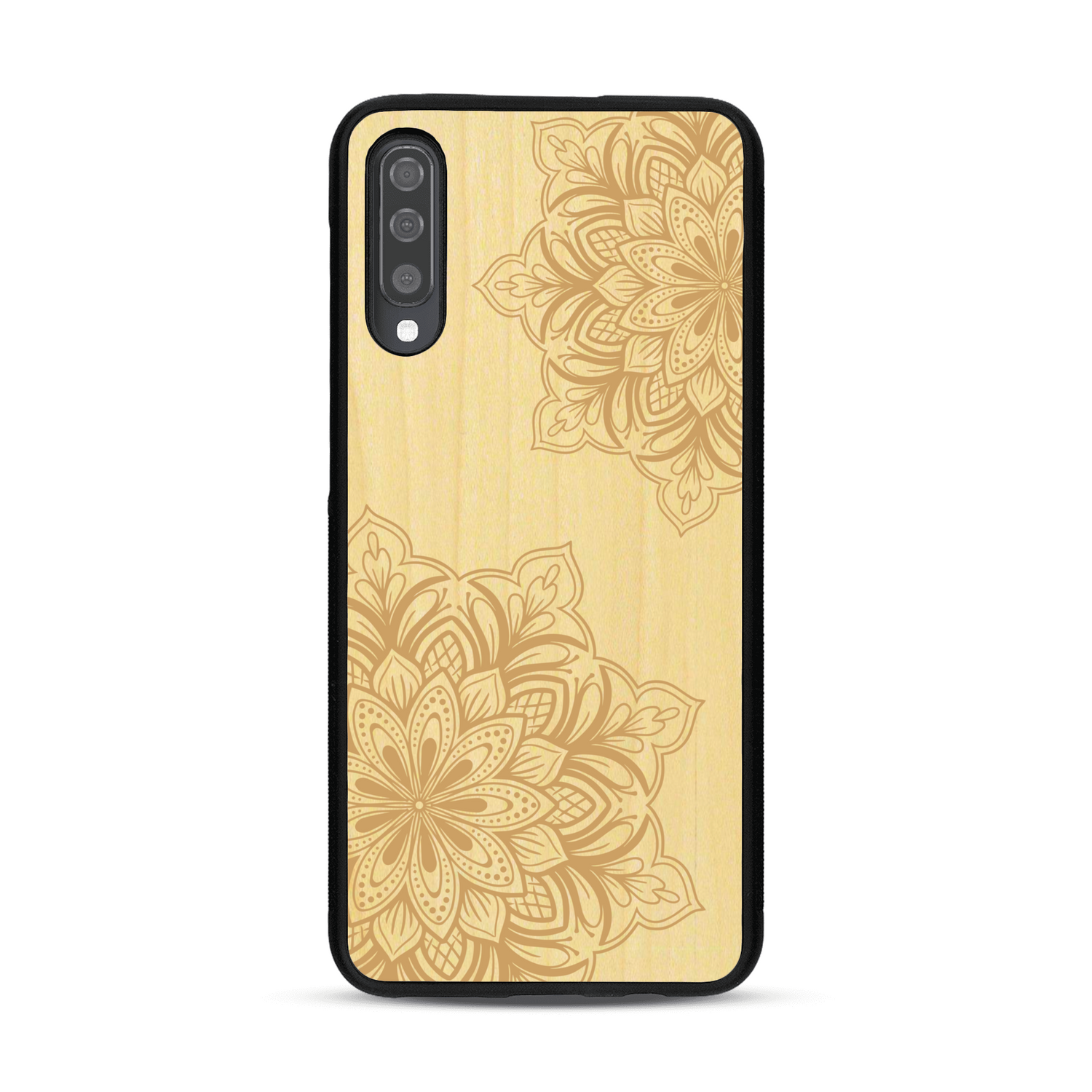 Coque de protection en bois véritable fabriquée en France pour  sur le thème de la bohème et du tatouage au henné avec une gravure représentant un mandala