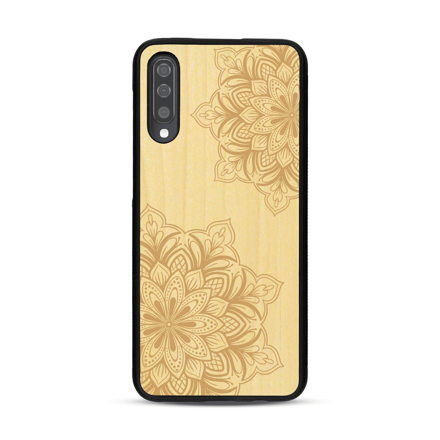 Coque de protection en bois véritable fabriquée en France pour  sur le thème de la bohème et du tatouage au henné avec une gravure représentant un mandala